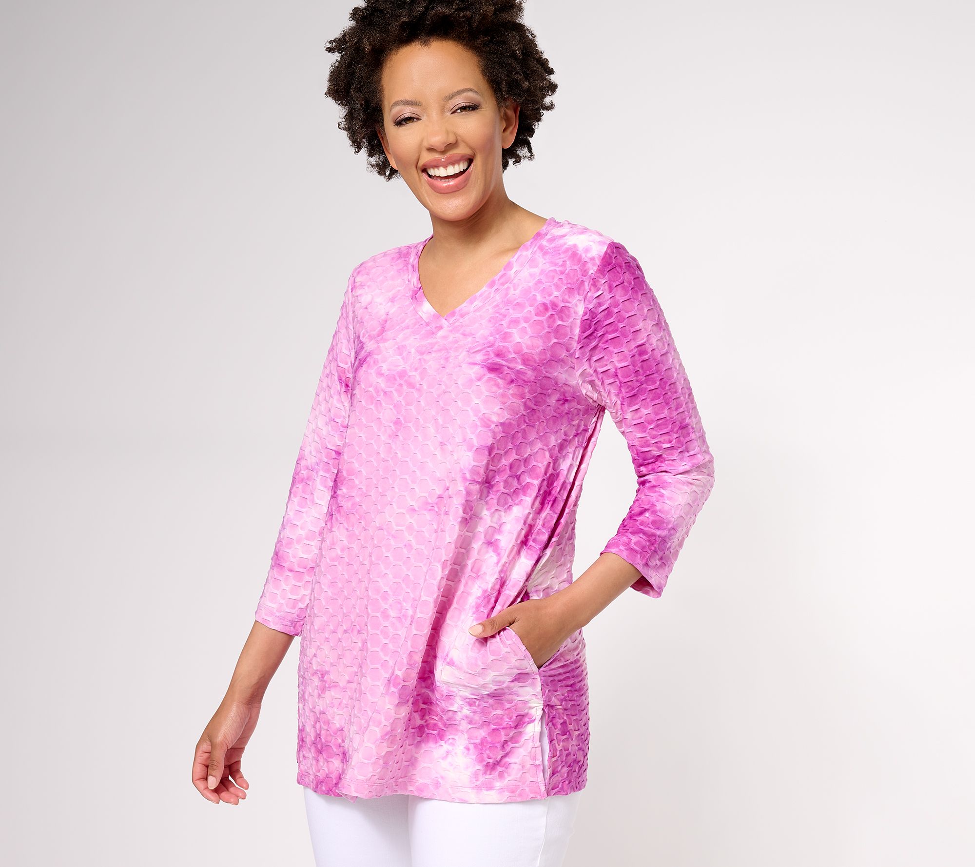 LOGO by Lori Goldstein Textured Knit Hand-Dye V-Neck Top