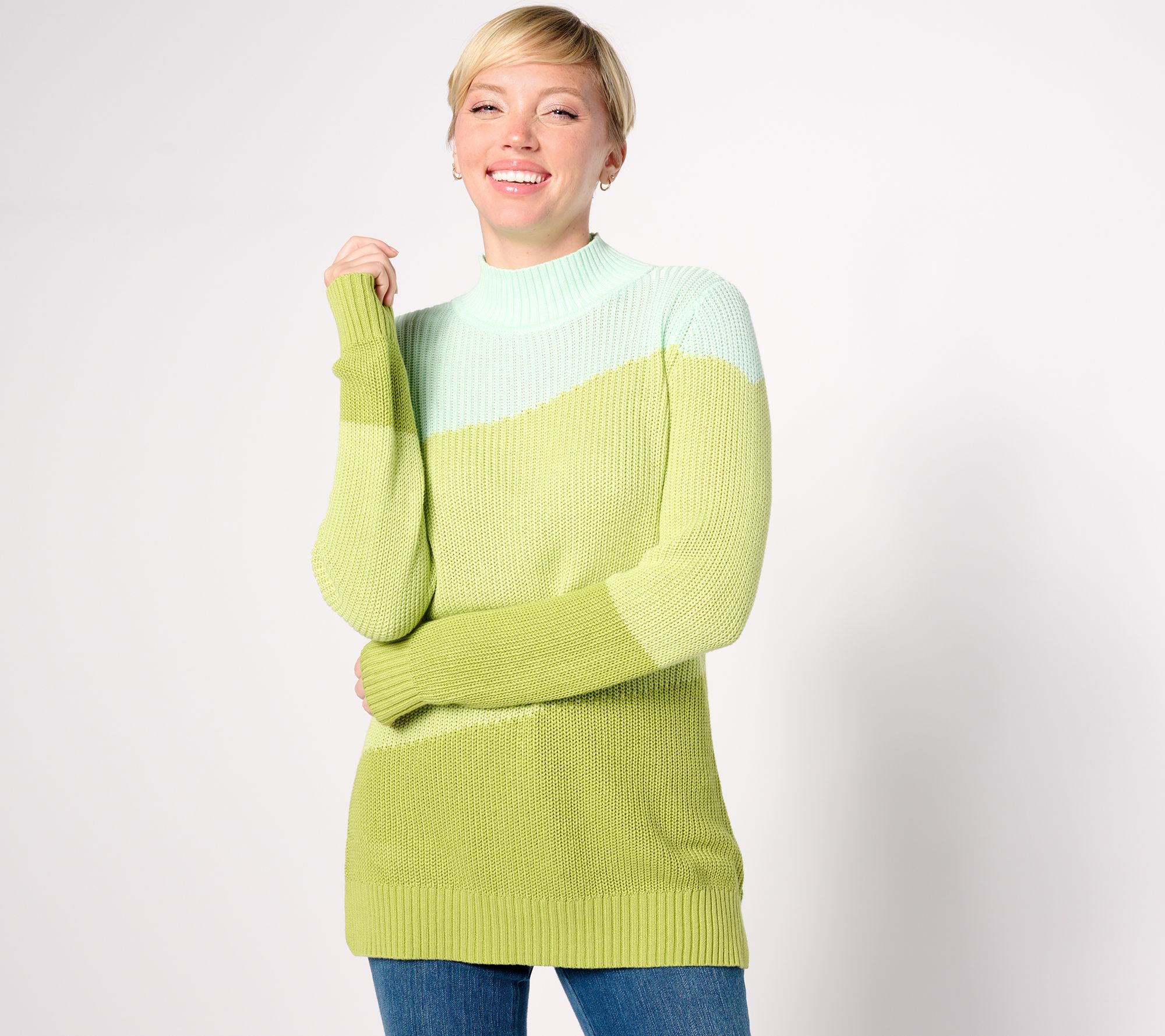 Belle by Kim Gravel Shaker Knit Diagonal Color Block Sweater 