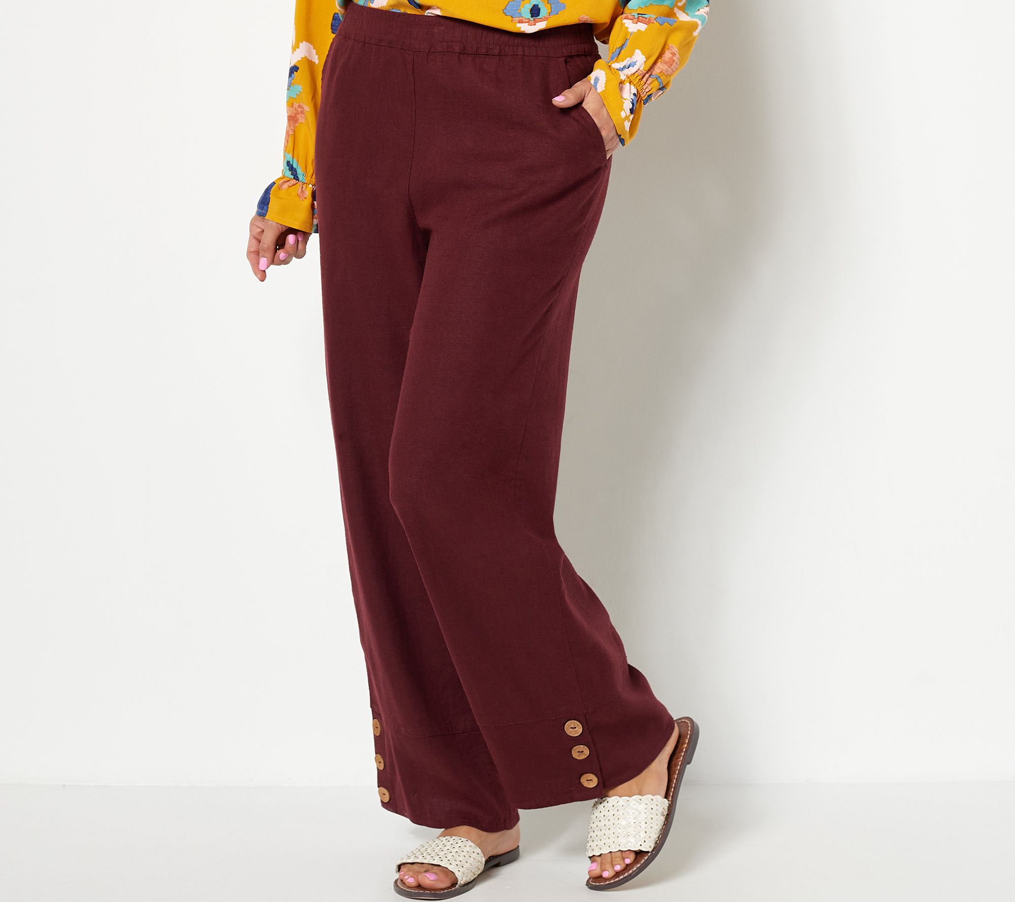 "As Is" Denim & Co. Naturals Petite Linen Blend Side Button Pants