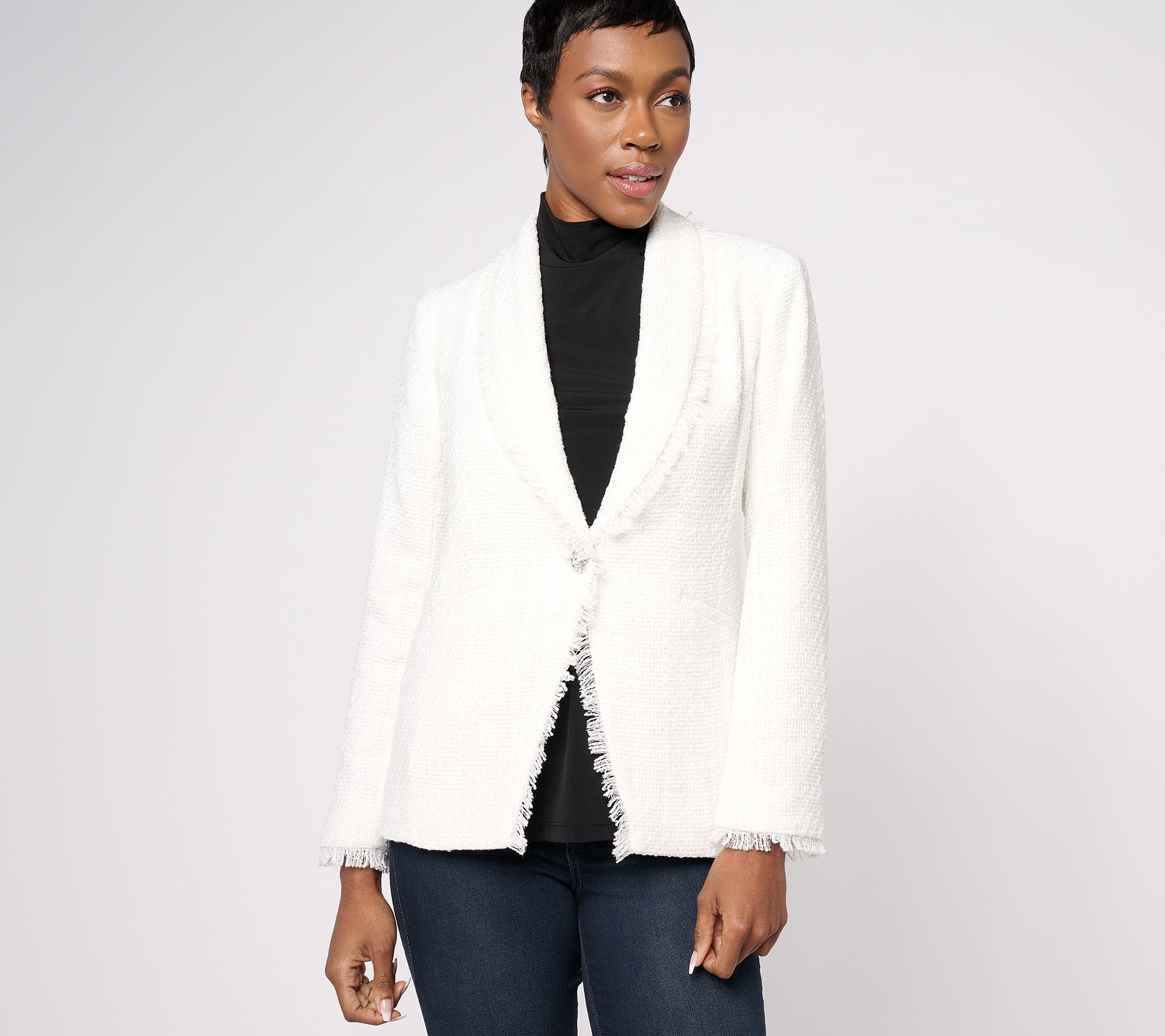 "As Is" GRAVER Susan Graver Petite Tweed Blazer with Fray Detail