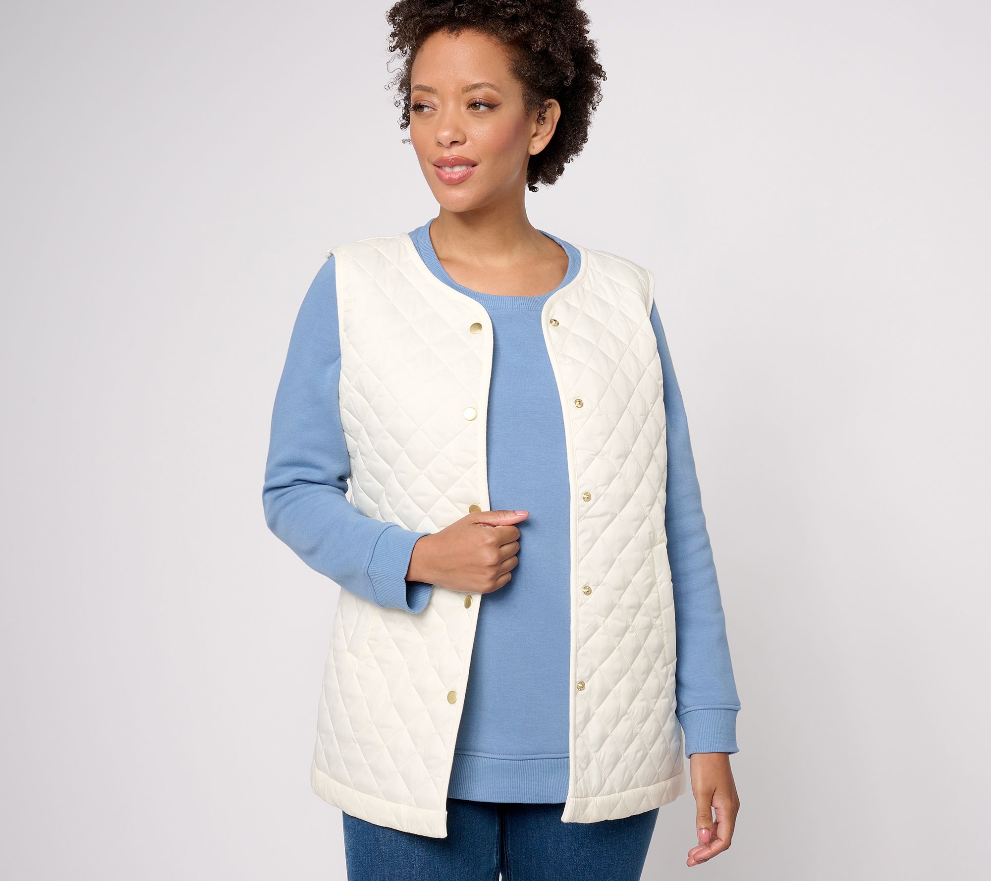"As Is" Denim & Co. Heritage Quilted Sweater Snap Front Tunic Vest