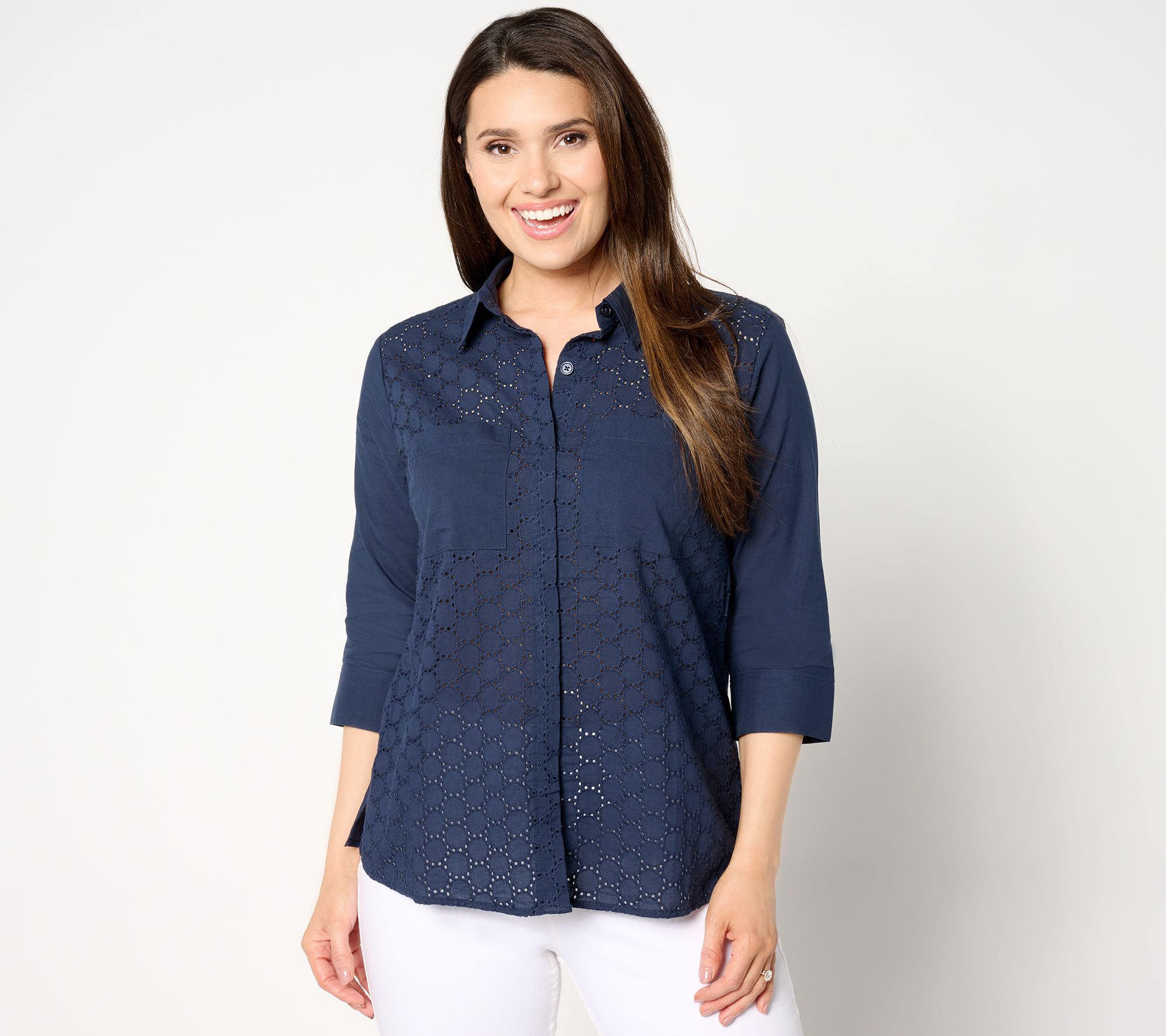 Joan Rivers Eyelet Boyfriend Button-Front Shirt