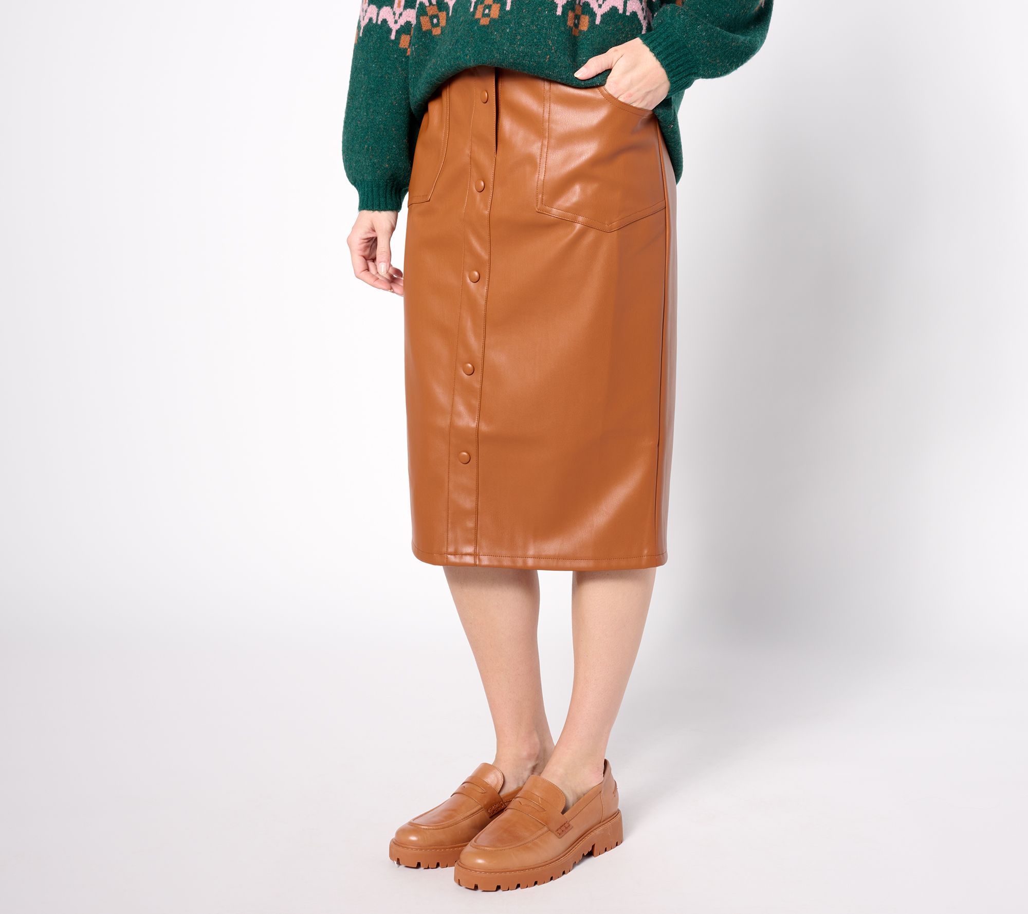 "As Is" Denim & Co. Canyon Retreat Snap Front Faux Leather Skirt