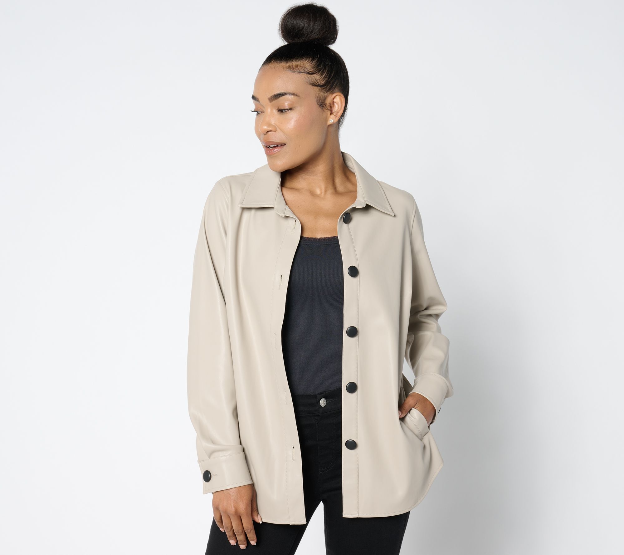 Belle by Kim Gravel Faux Leather Black Button Shacket