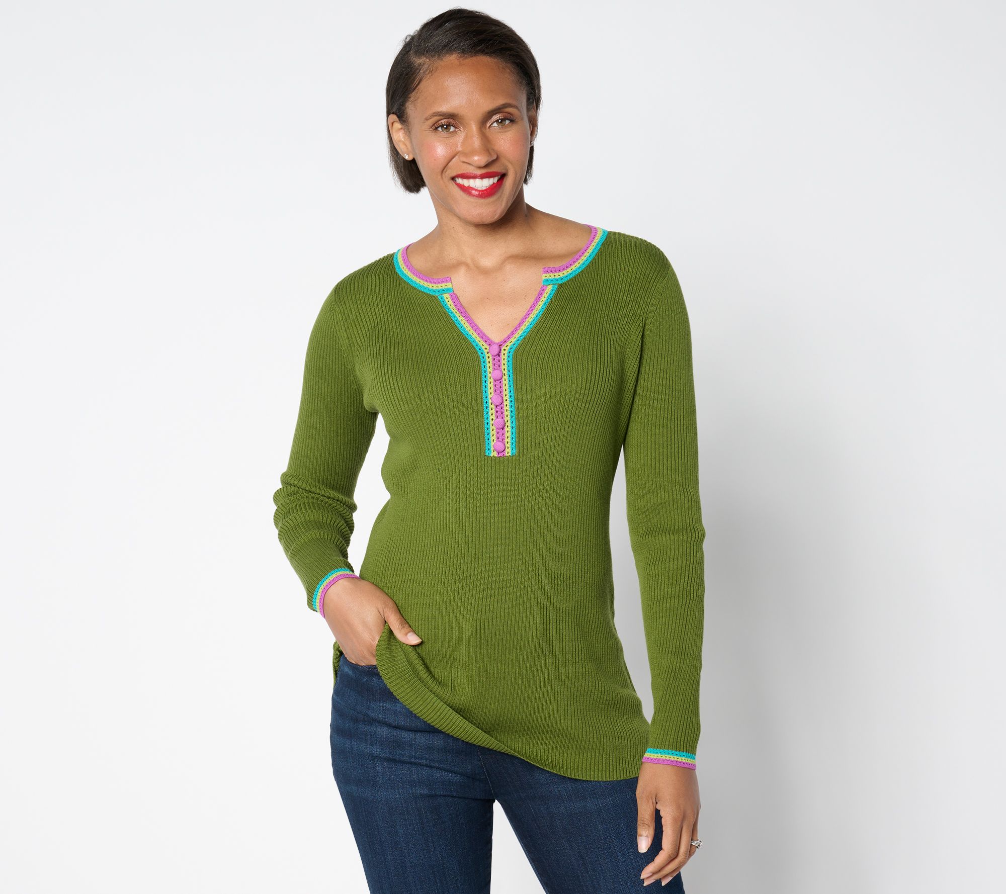 Belle by Kim Gravel Crochet Trim Ribbed Henley Sweater