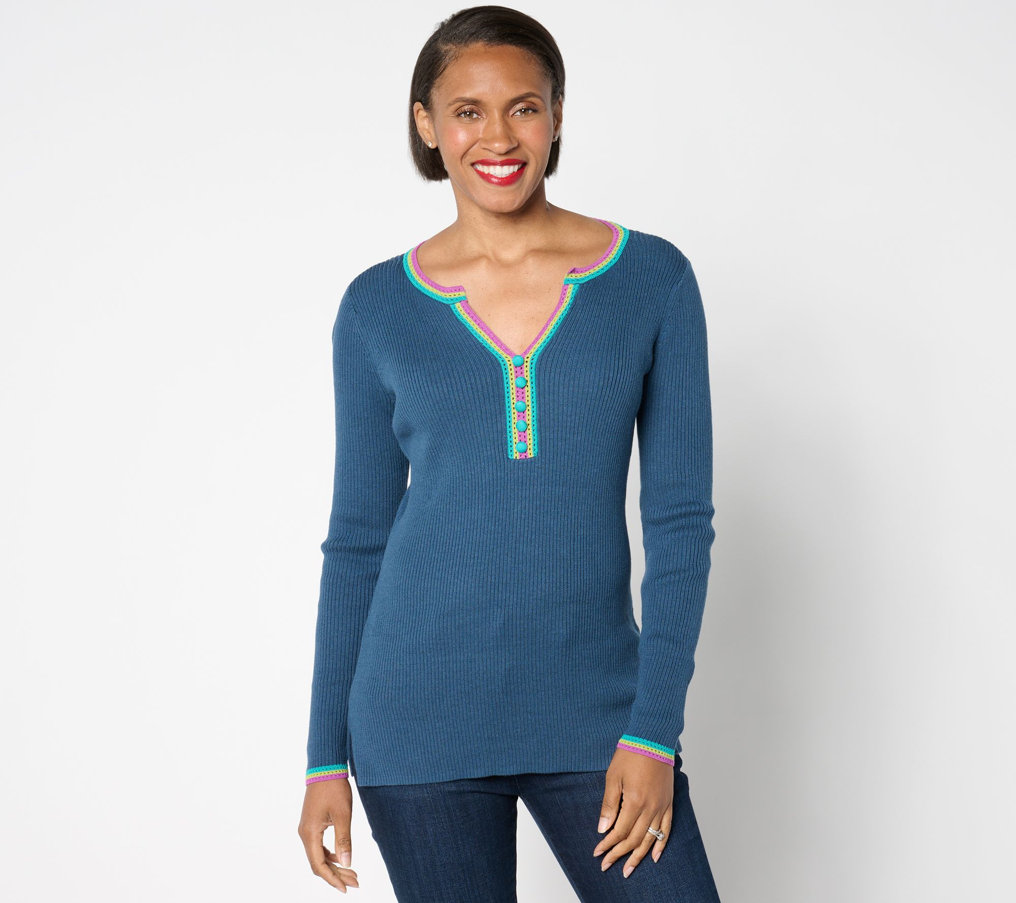 Belle by Kim Gravel Crochet Trim Ribbed Henley Sweater