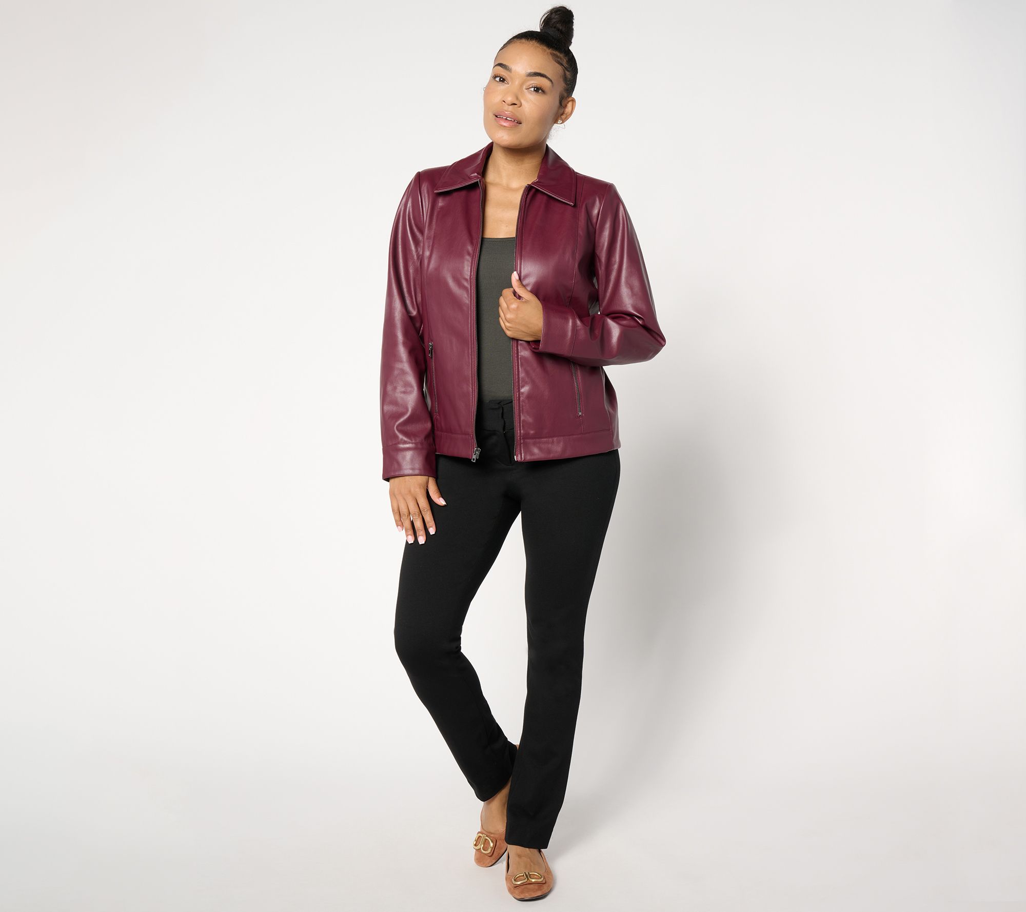 Denim Co. Faux Leather Zip Front Jacket w Pockets QVC