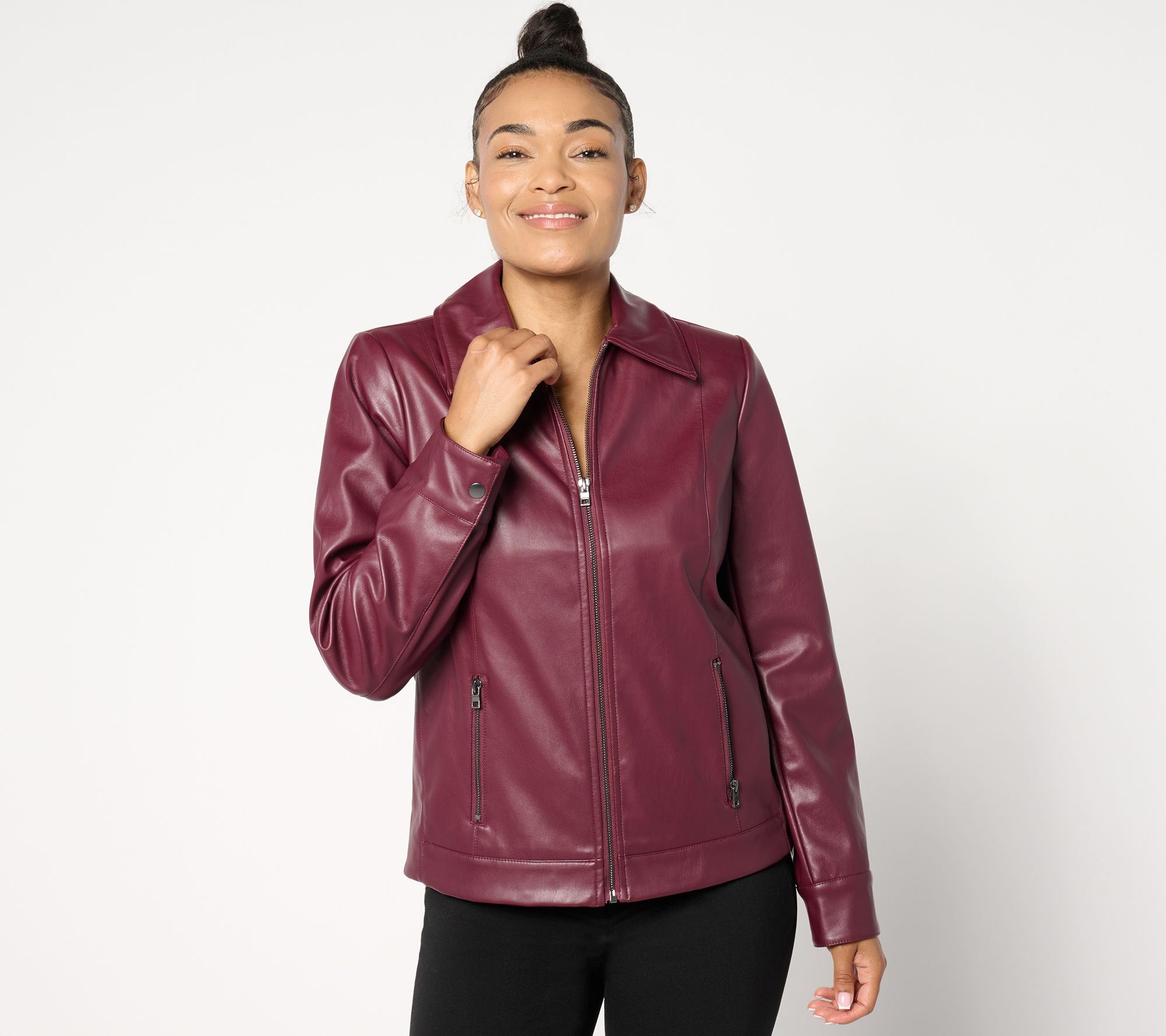 Denim Co. Faux Leather Zip Front Jacket w Pockets