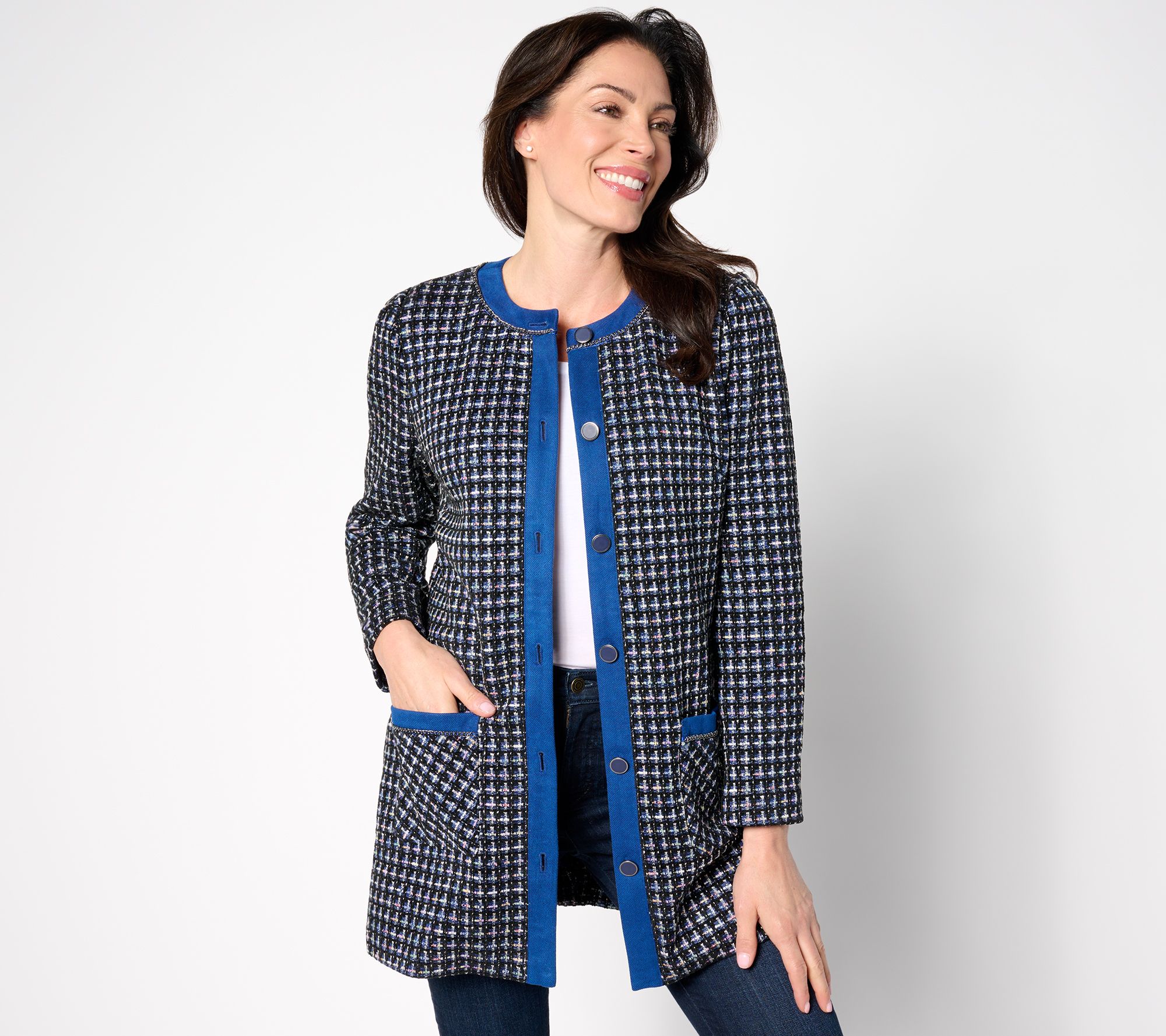 "As Is" Isaac Mizrahi Live! Reg Chenille Yarn Knit Tweed Long Jacket