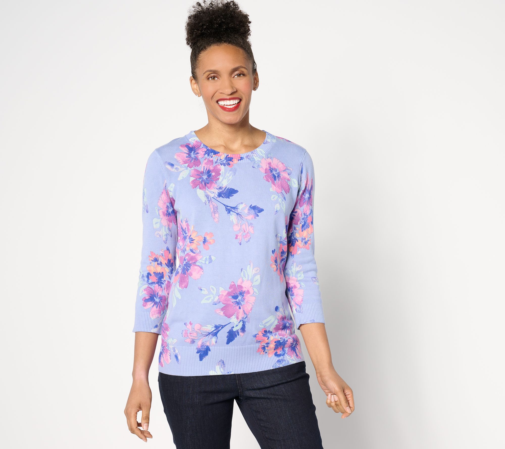 "As Is" Denim & Co. Printed Round Neck 3/4 Sleeve Sweater