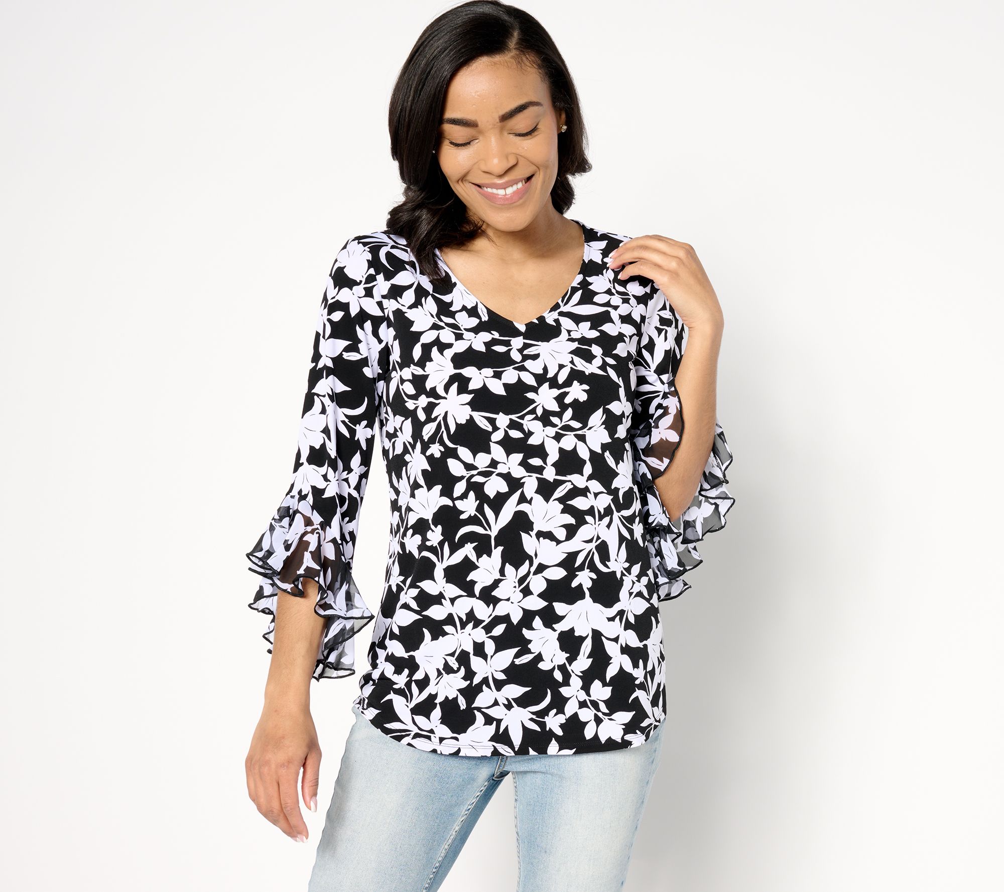 "As Is" Susan Graver Printed Liquid Knit Top w/ Chiffon Ruffle Sleeve