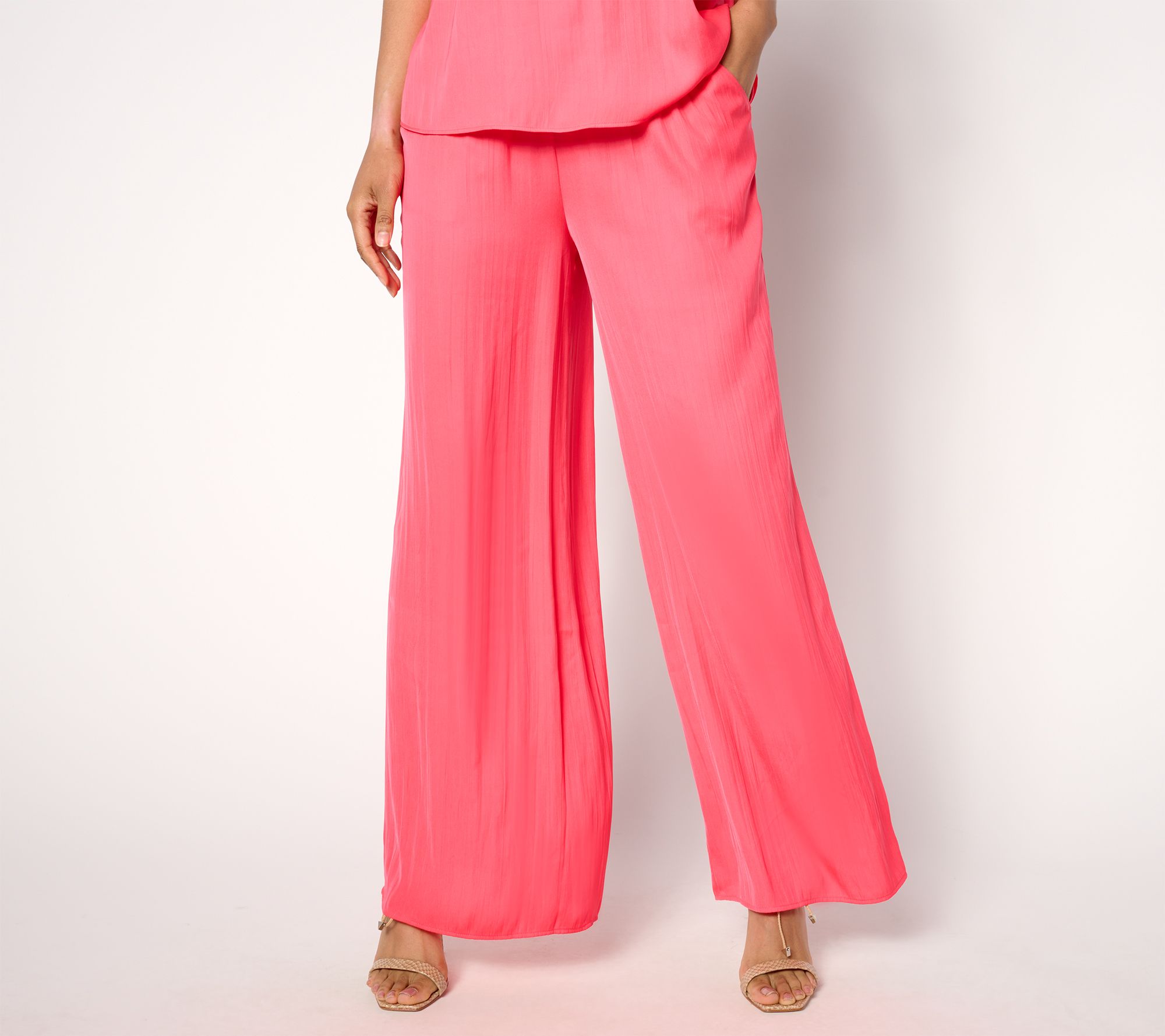 "As Is" Isaac Mizrahi Live! Regular Crinkle Satin Flowy Wide Leg Pants