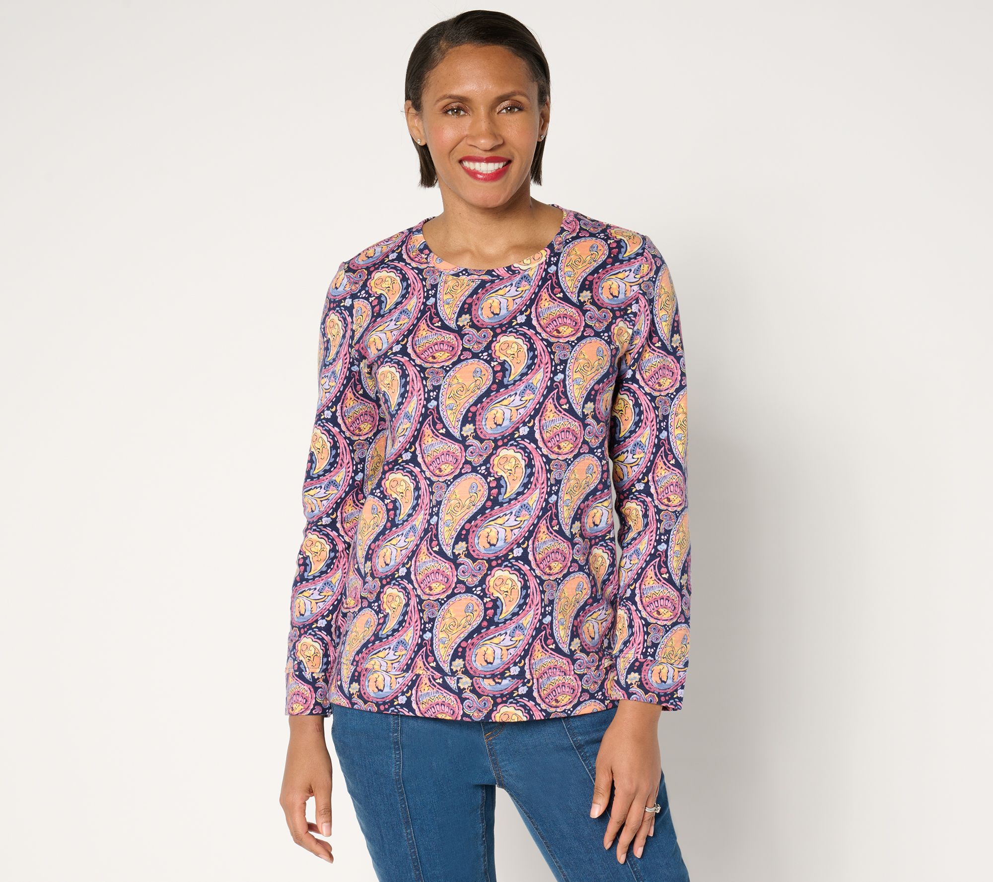 Denim & Co. Active Textured Cotton Crew Neck Pullover