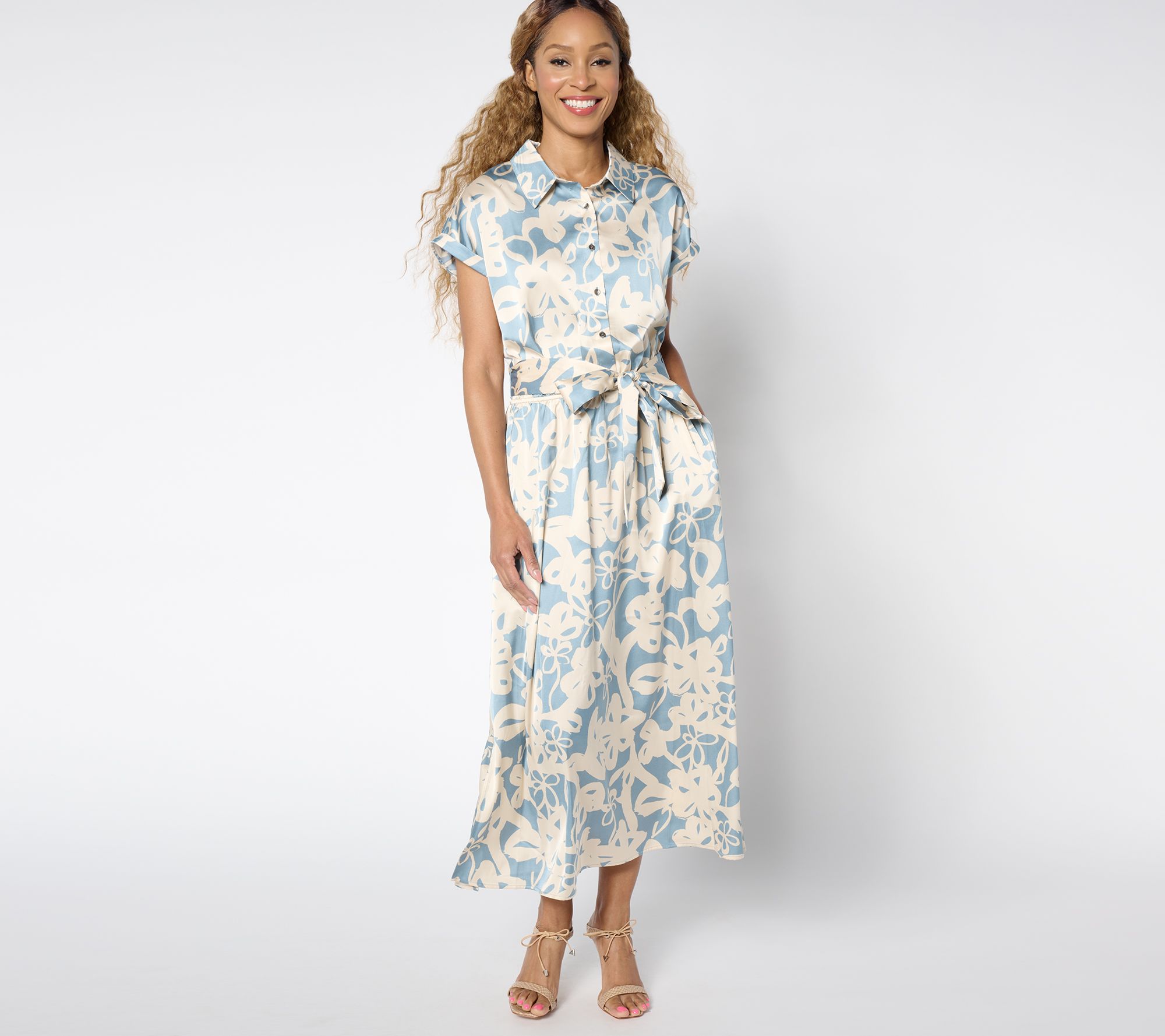 "As Is" Susan Graver Reg Printed Stretch Charmeuse Midi Dress Belted
