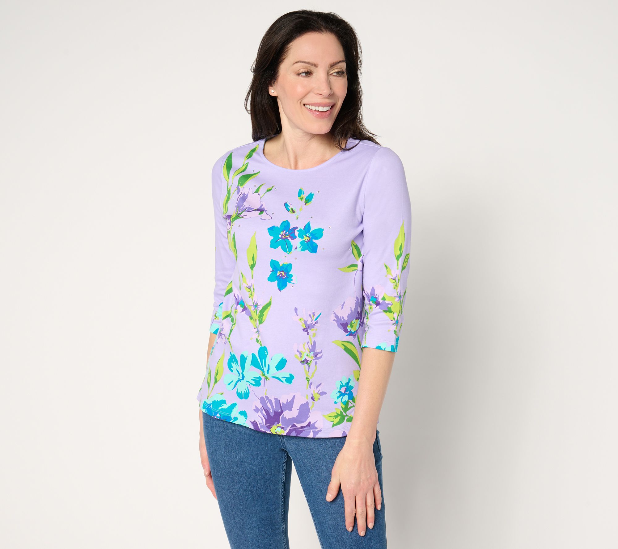 Quacker Factory Wildflower Printed 3/4 Sleeve Top