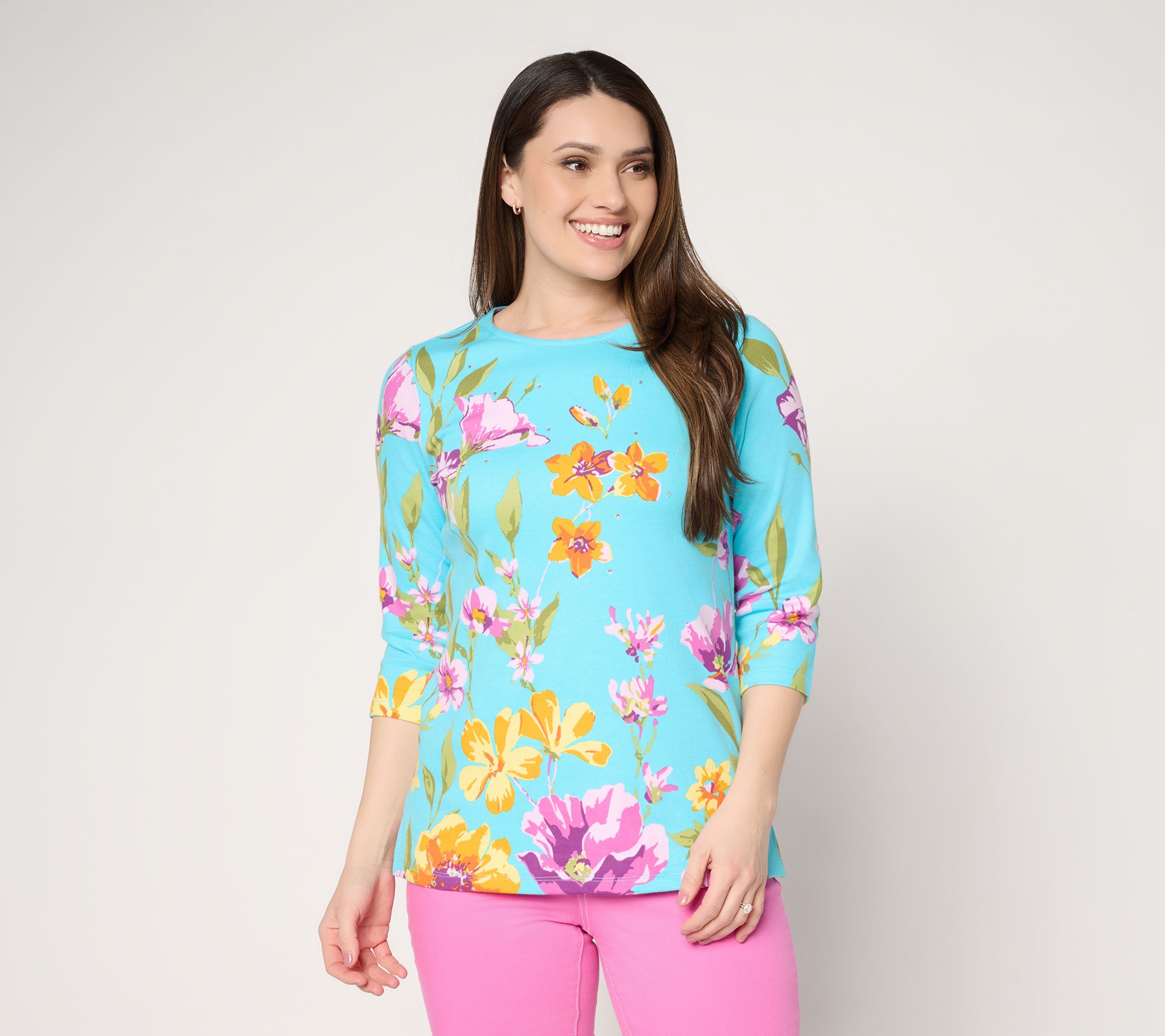 Quacker Factory Wildflower Printed 3/4 Sleeve Top