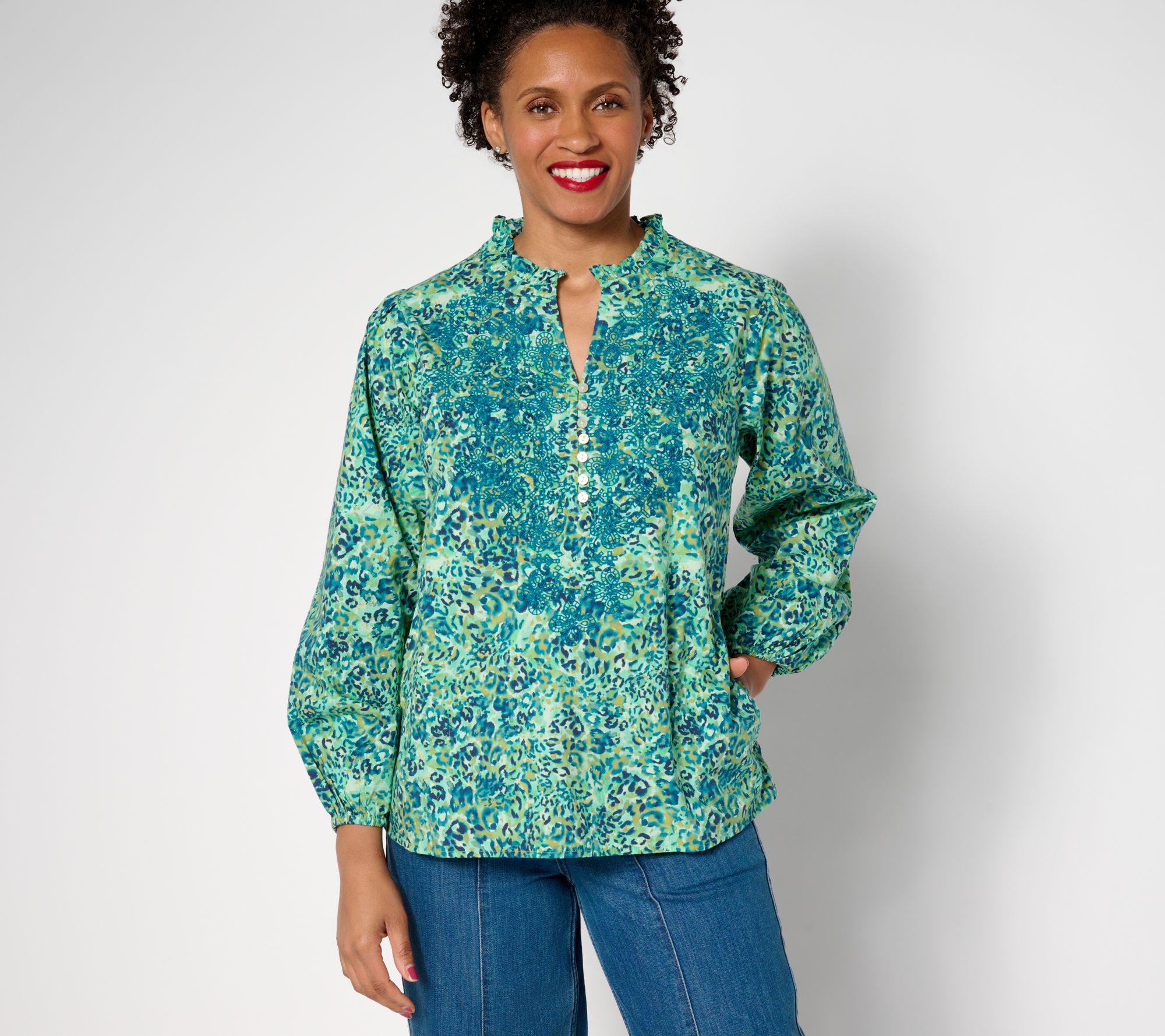  LOGO Lavish by Lori Goldstein Animal Print Embroidered Cotton Blouse - A683854