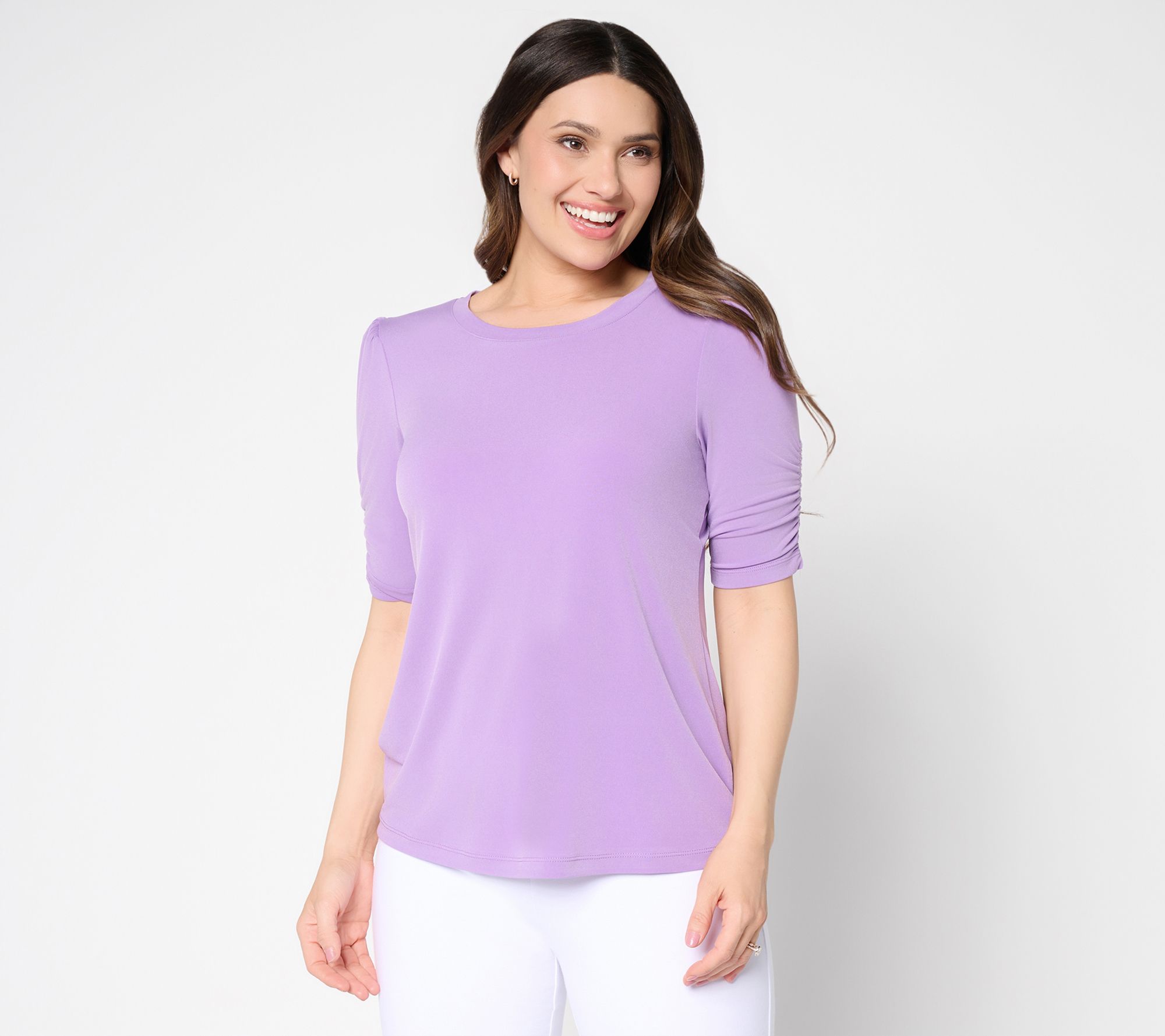 Susan Graver Courtside Social Liquid Knit Top with Ruched Sleeves