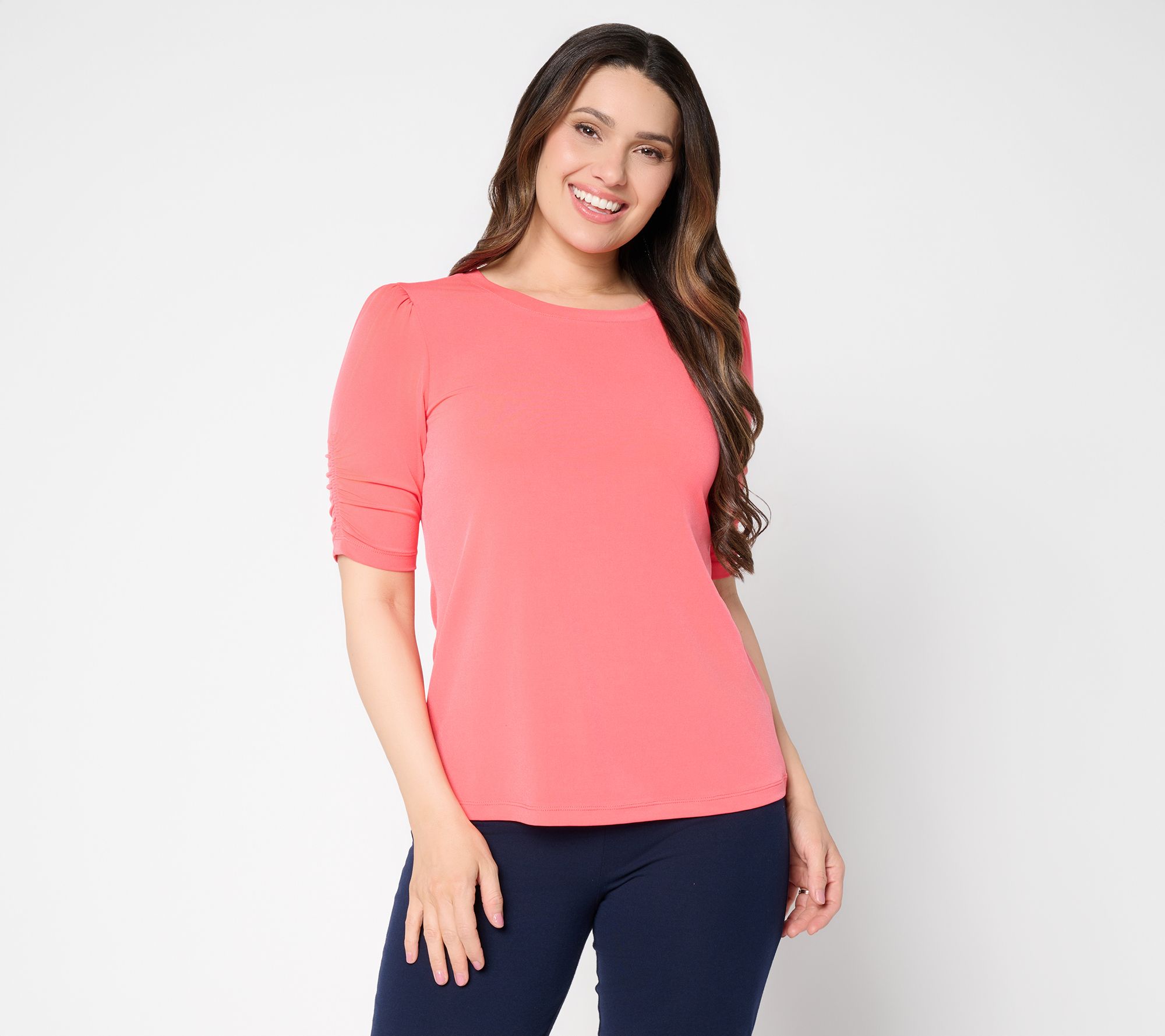 Susan Graver Courtside Social Liquid Knit Top with Ruched Sleeves