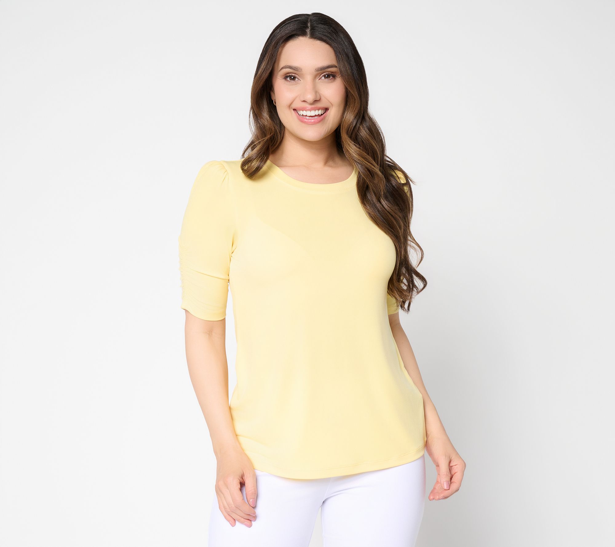 Susan Graver Liquid Knit Crewneck Top with Ruched Sleeves