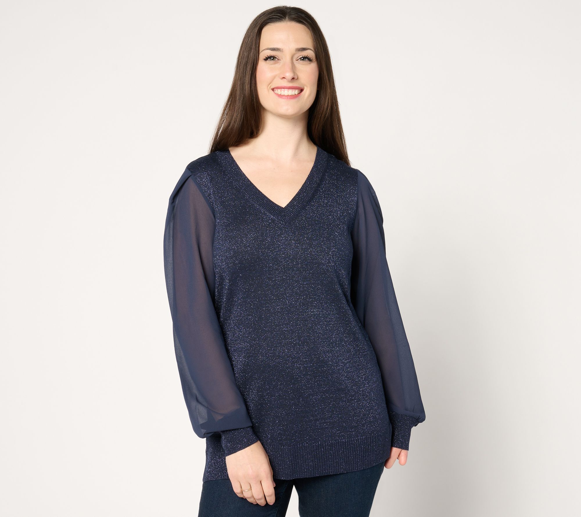 "As Is" Belle by Kim Gravel Lurex V Neck Sweater with Chiffon Sleeves
