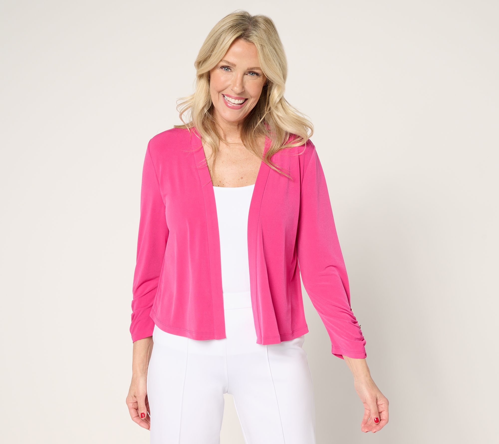  Susan Graver Liquid Knit Shrug with Shirring & Button Detail - A691354