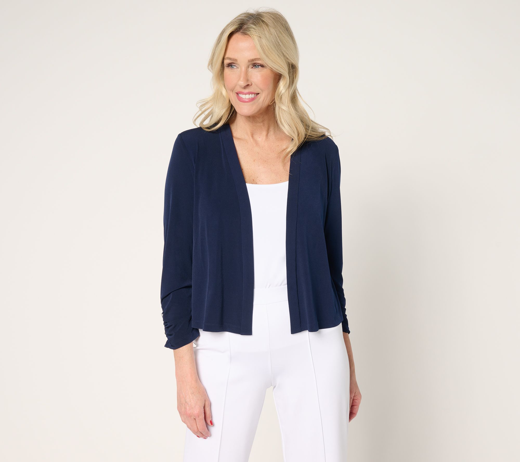 Susan Graver Liquid Knit Shrug with Shirring & Button Detail