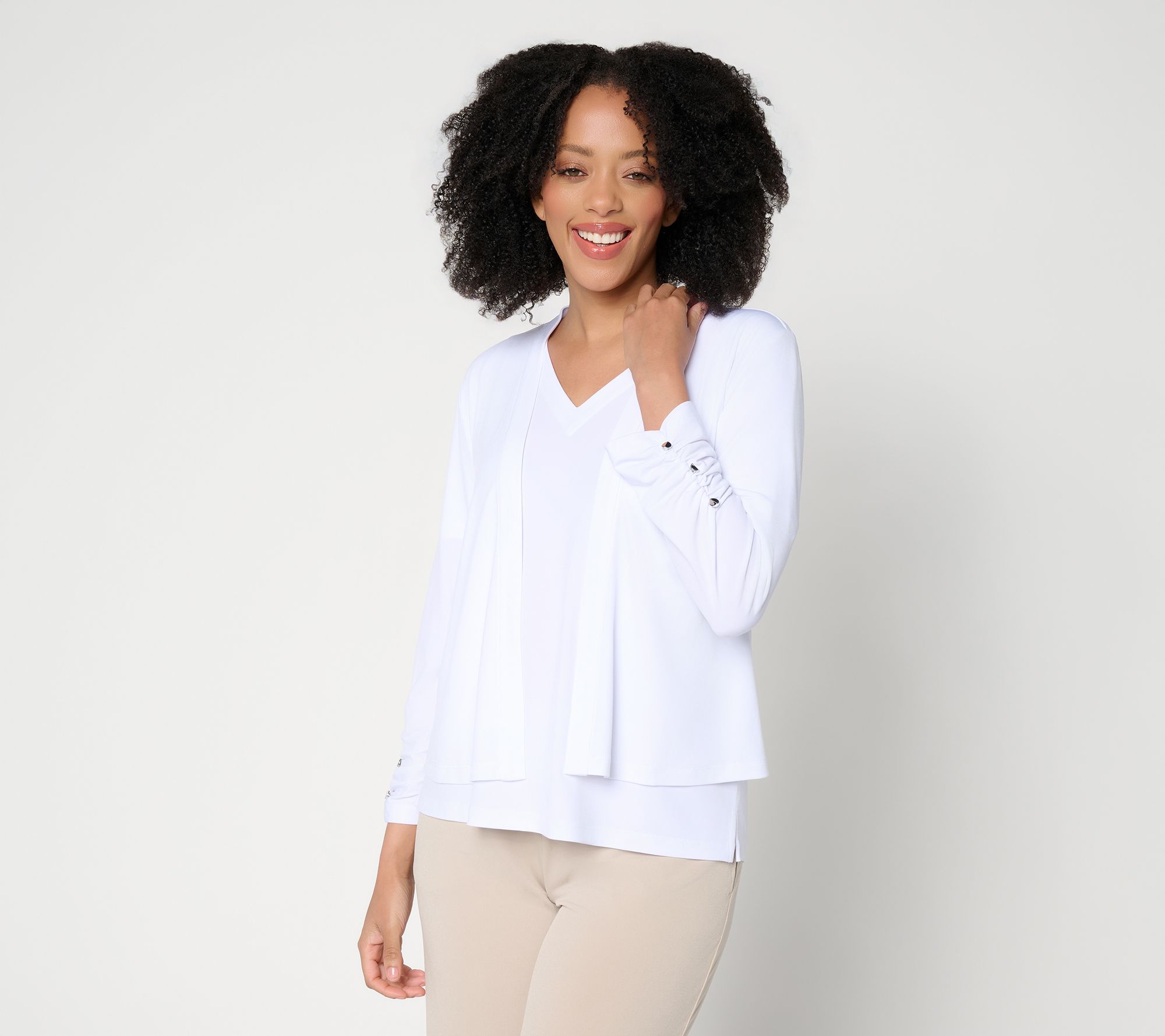 Susan Graver Liquid Knit Shrug with Shirring & Button Detail