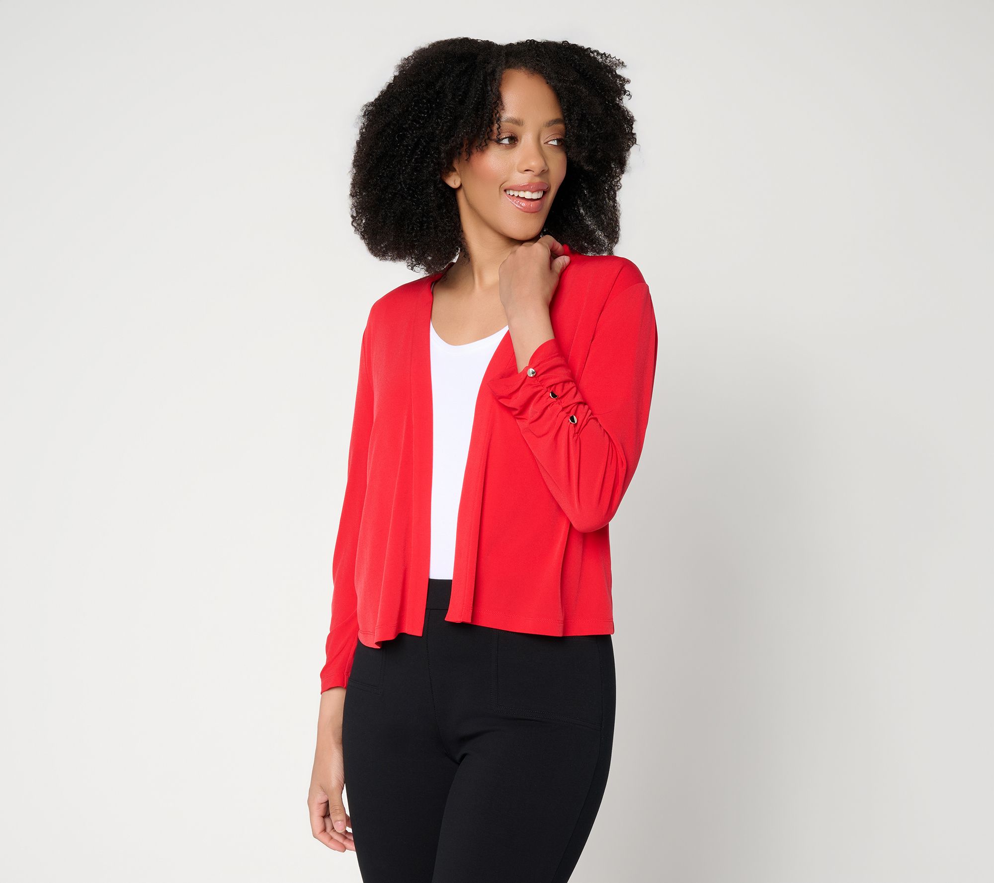 Susan Graver Liquid Knit Shrug with Shirring & Button Detail
