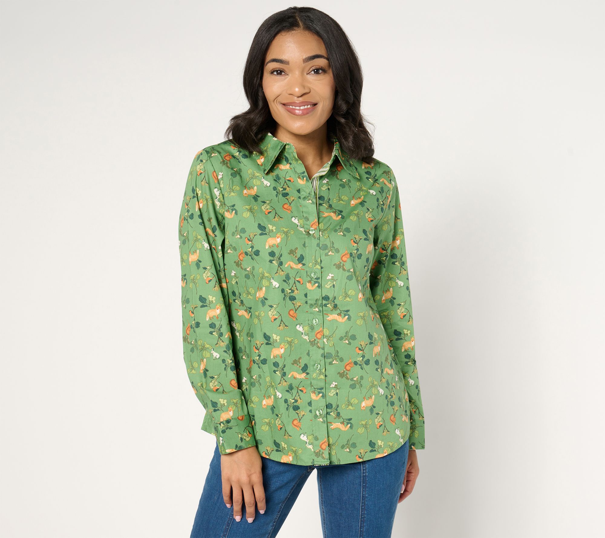 "As Is" Denim & Co. Printed Poplin Button Front Shirt