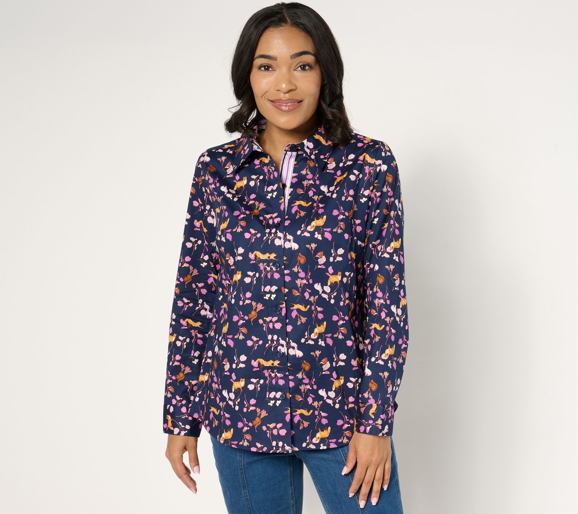 "As Is" Denim & Co. Printed Poplin Button Front Shirt