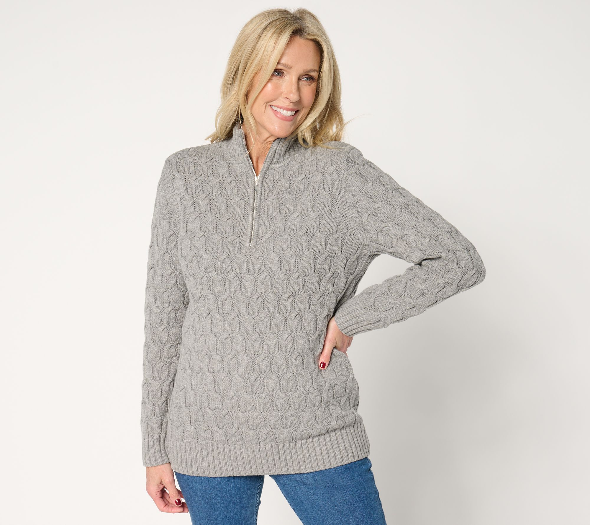 "As Is" Joan Rivers Cotton Blend Novelty Cable Quarter Zip Sweater