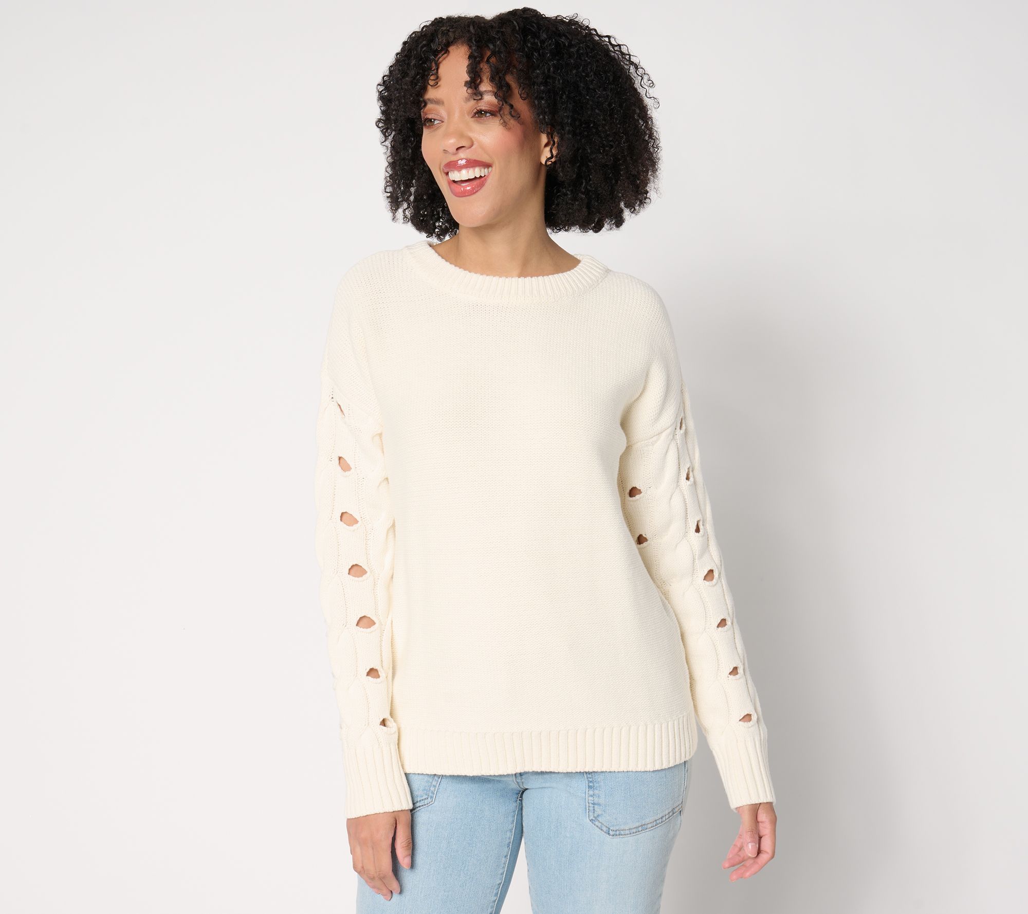 "As Is" Peace Love World Mock Neck Novelty Sleeve Sweater