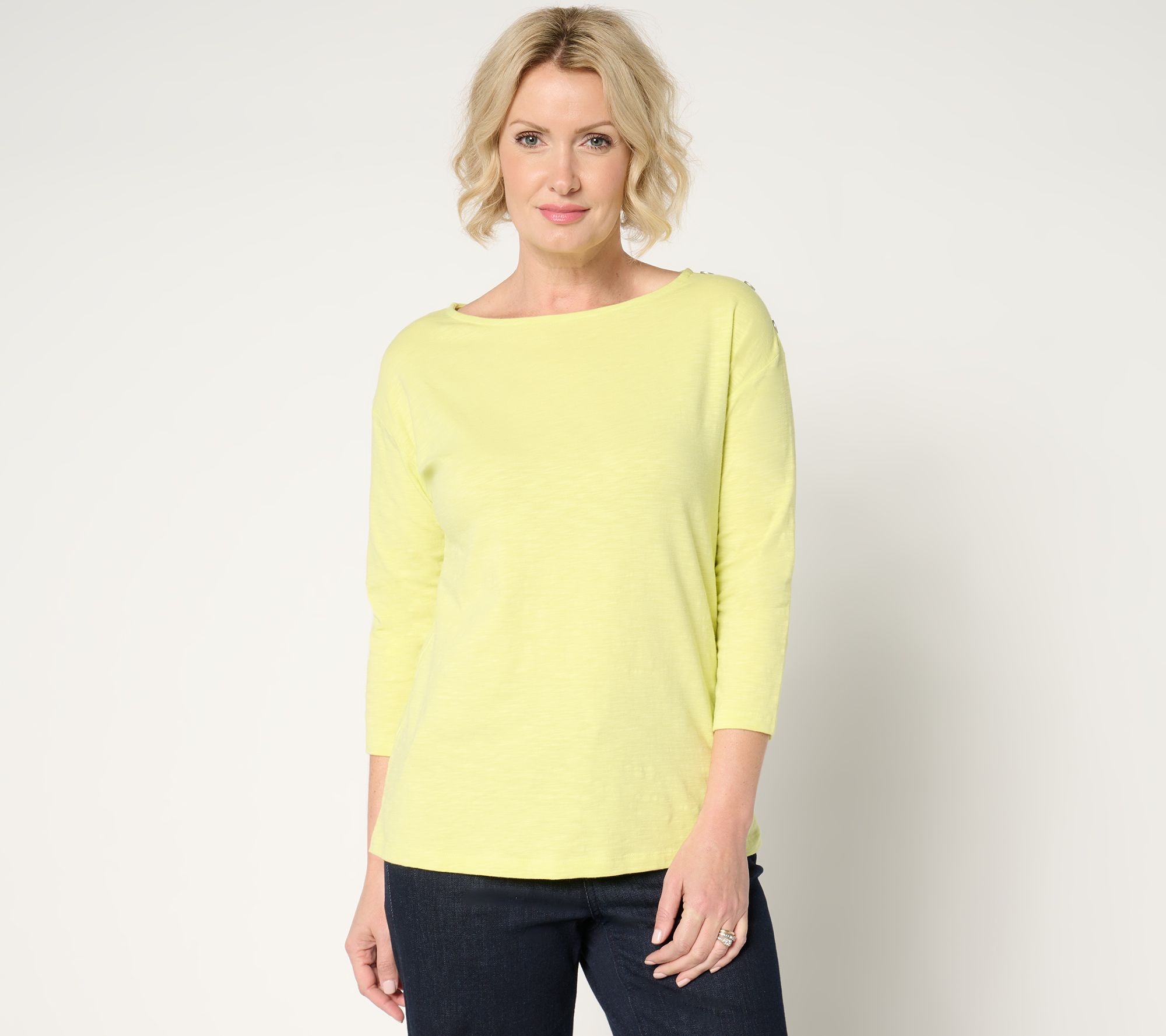 "As Is" Denim & Co. Texture Knit Striped or Solid Top with Button Detail