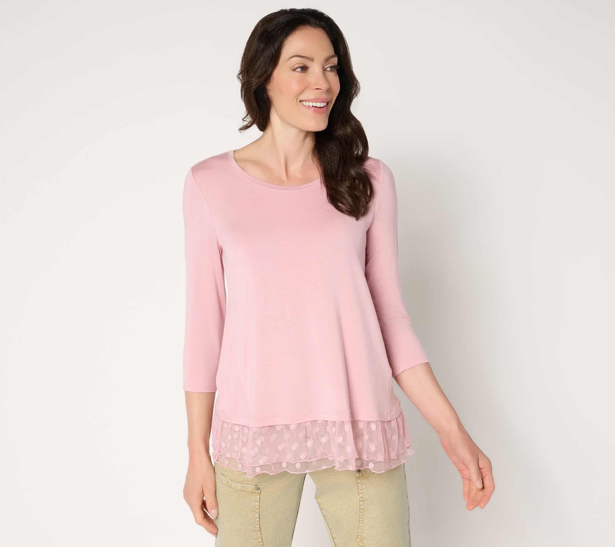 bibiy×ateliernotify LOGO Layers by Lori Goldstein Petite 3/4 Sleeve Mesh Hem Top