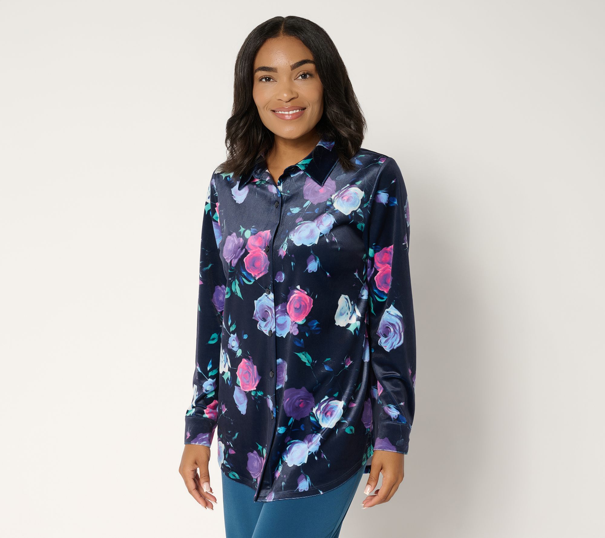 Denim & Co. Regular Printed Knit Velvet Big Shirt