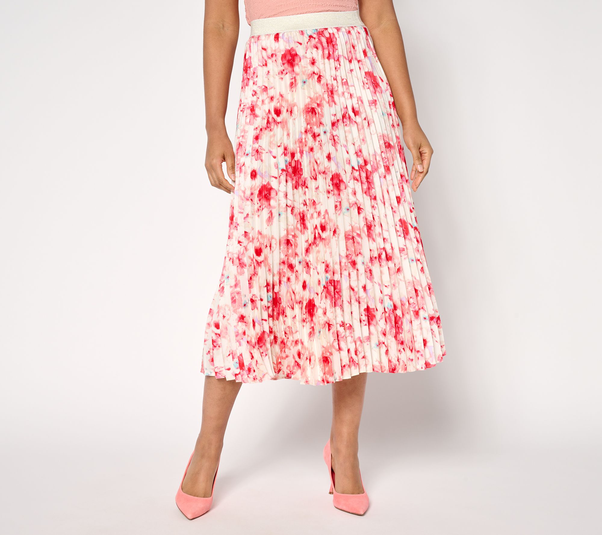 "As Is" Susan Graver Petite Printed Satin Twill Pleated Midi Skirt