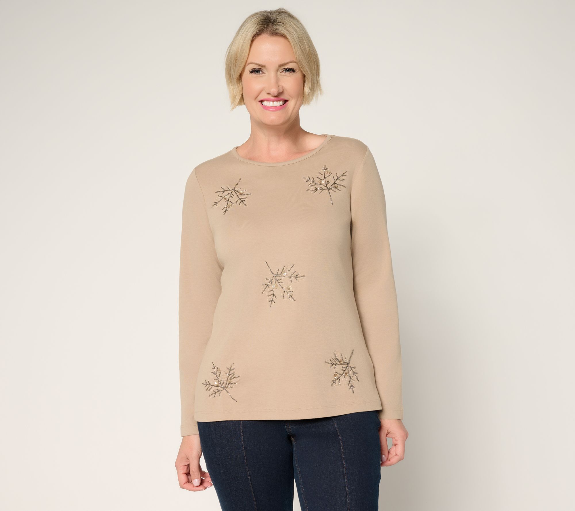 Denim & Co. 100% Cotton Jersey Long Sleeve Embroidered Top