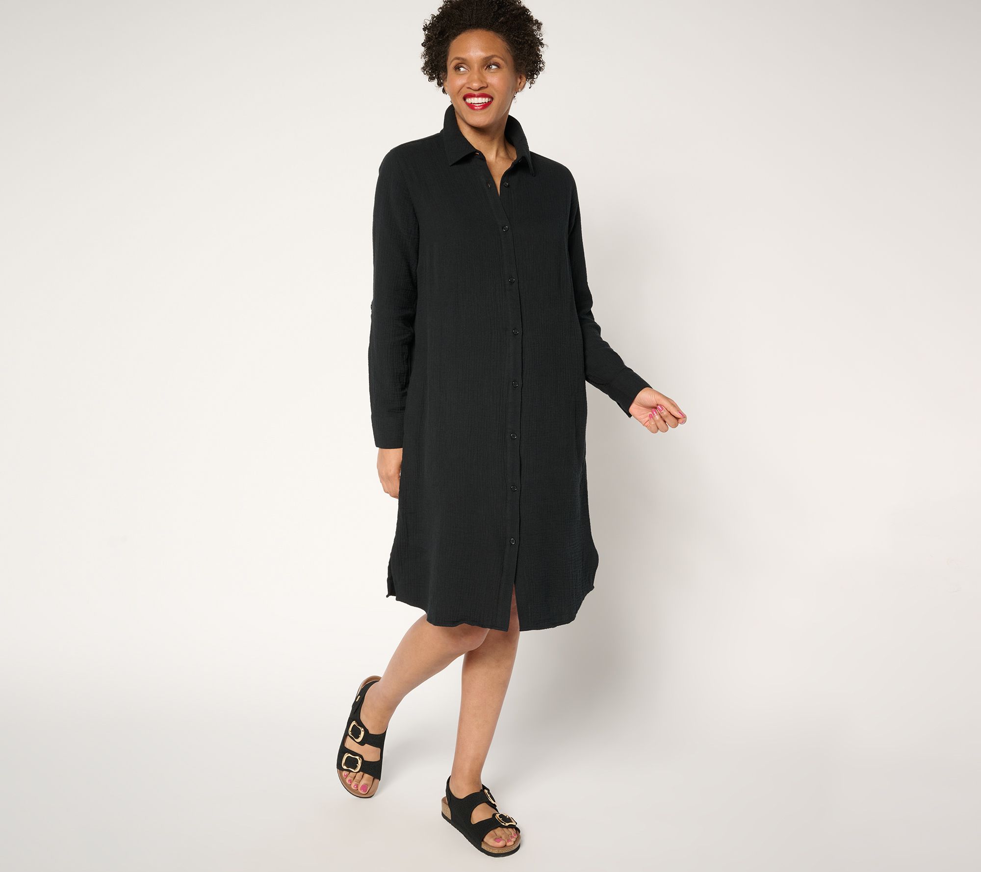 "As Is" Denim & Co. Beach Pet Cotton Gauze Button Front Dress Cover-Up