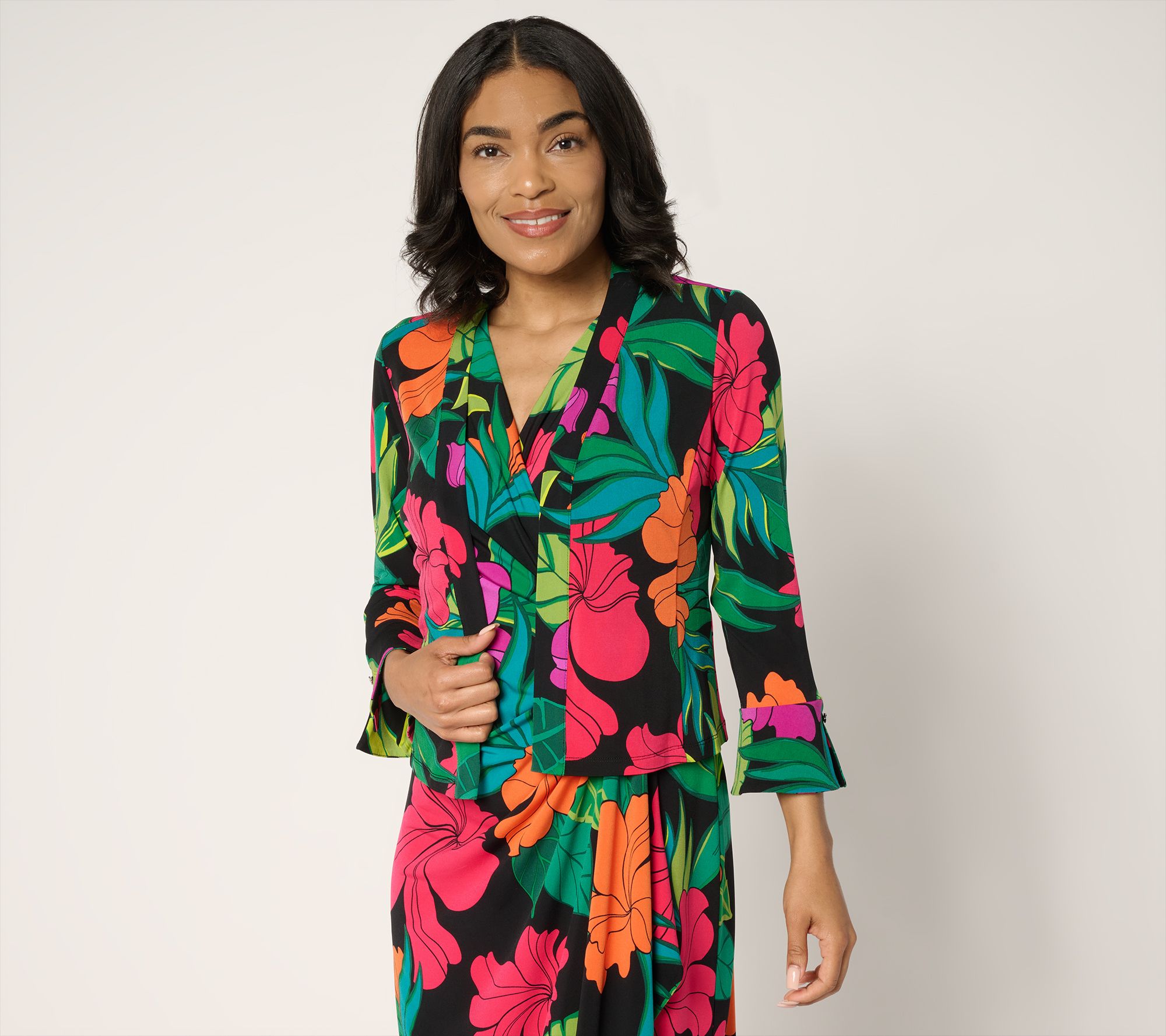 "As Is" Susan Graver Print & Solid Liquid Knit Flounce Sleeve Shrug