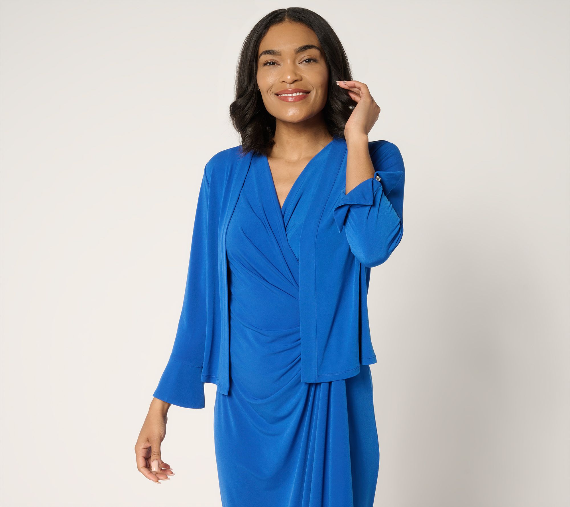 "As Is" Susan Graver Print & Solid Liquid Knit Flounce Sleeve Shrug