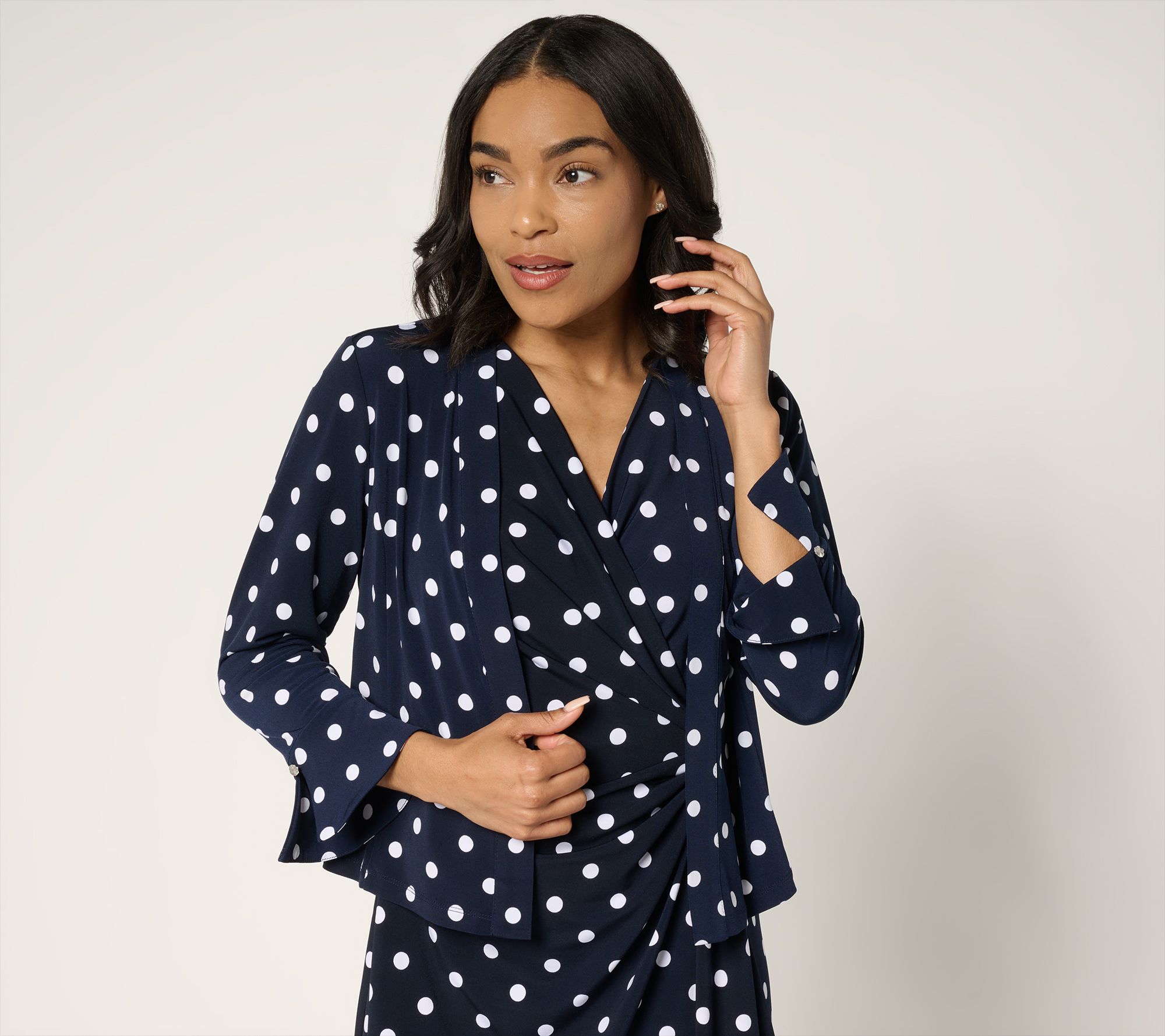 "As Is" Susan Graver Print & Solid Liquid Knit Flounce Sleeve Shrug