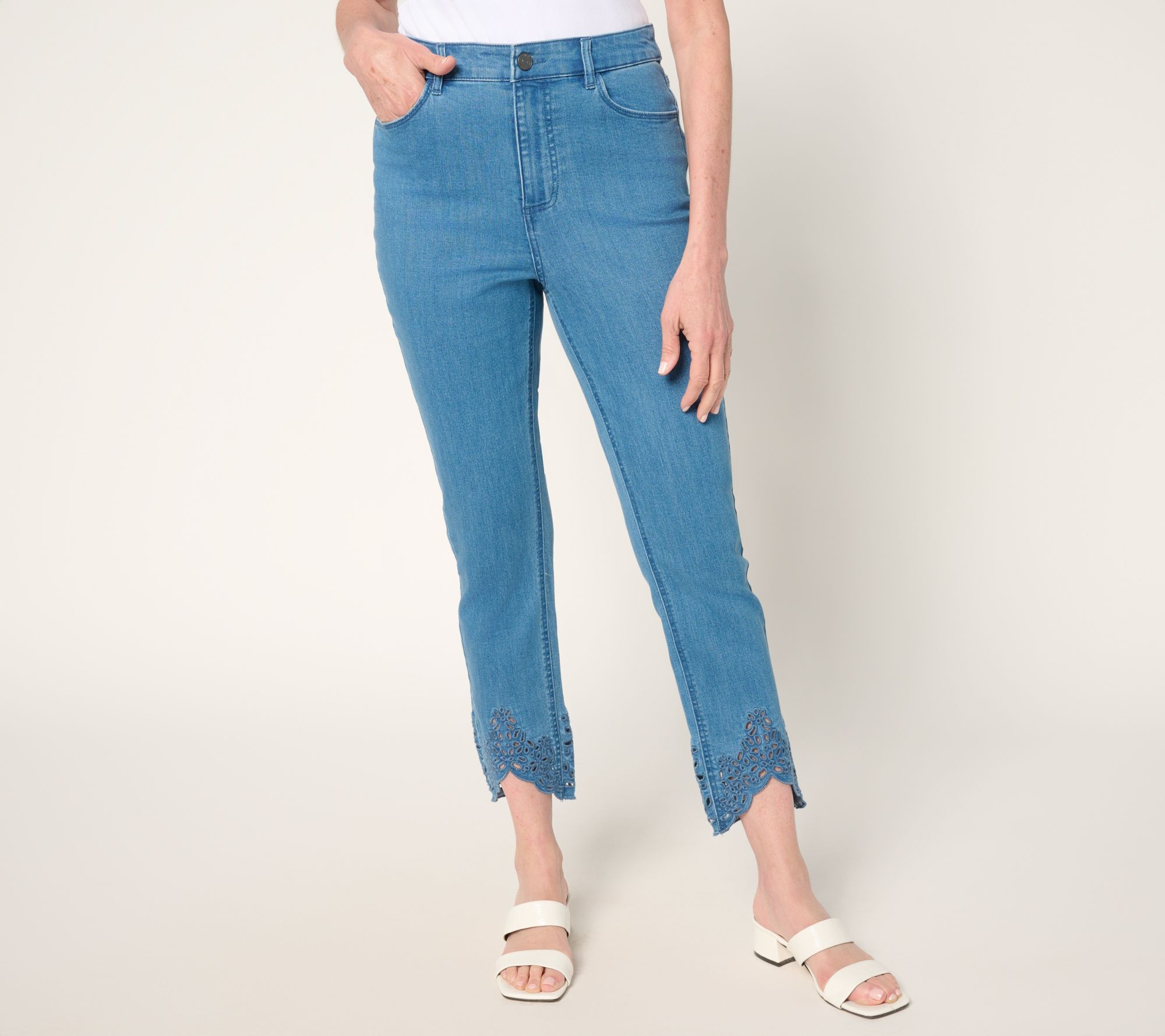 "As Is" Susan Graver Regular Slim Leg Ankle Jean with Embroidered Hem