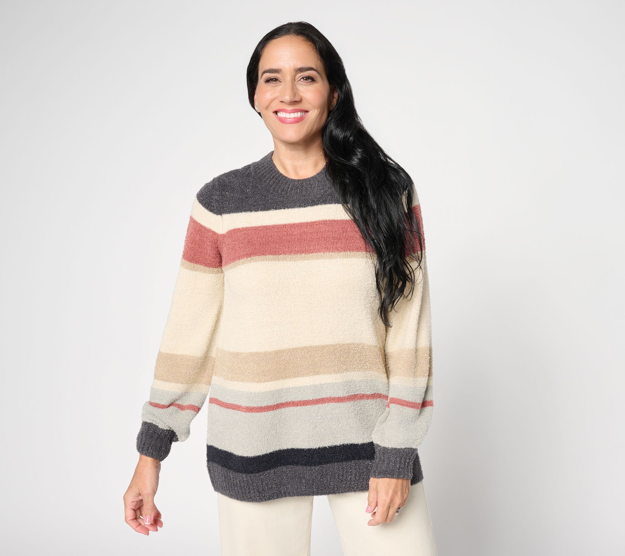 LOGO by Lori Goldstein Ribbed Neck Multi Color Stripe Sweater