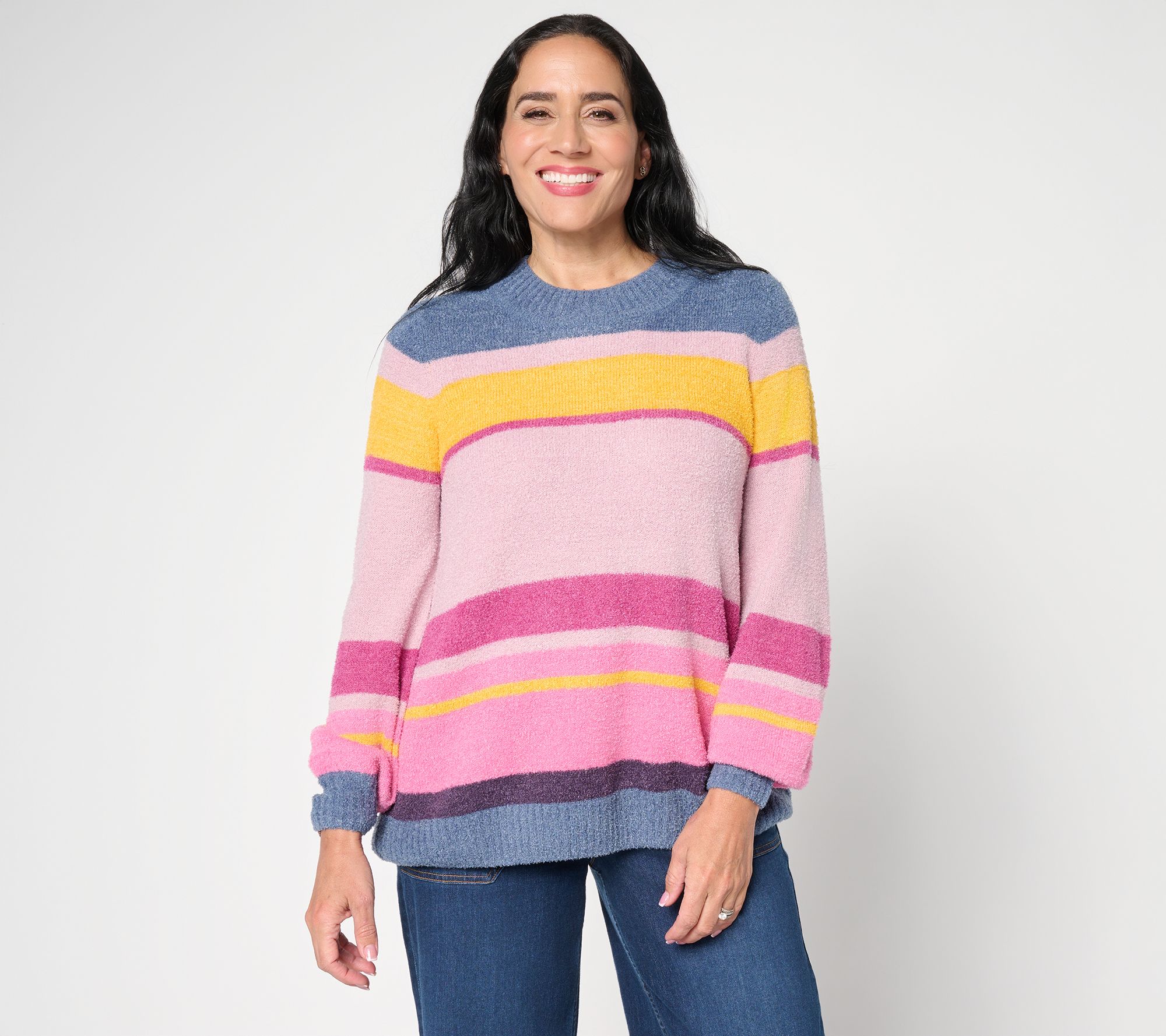 LOGO by Lori Goldstein Ribbed Neck Multi Color Stripe Sweater