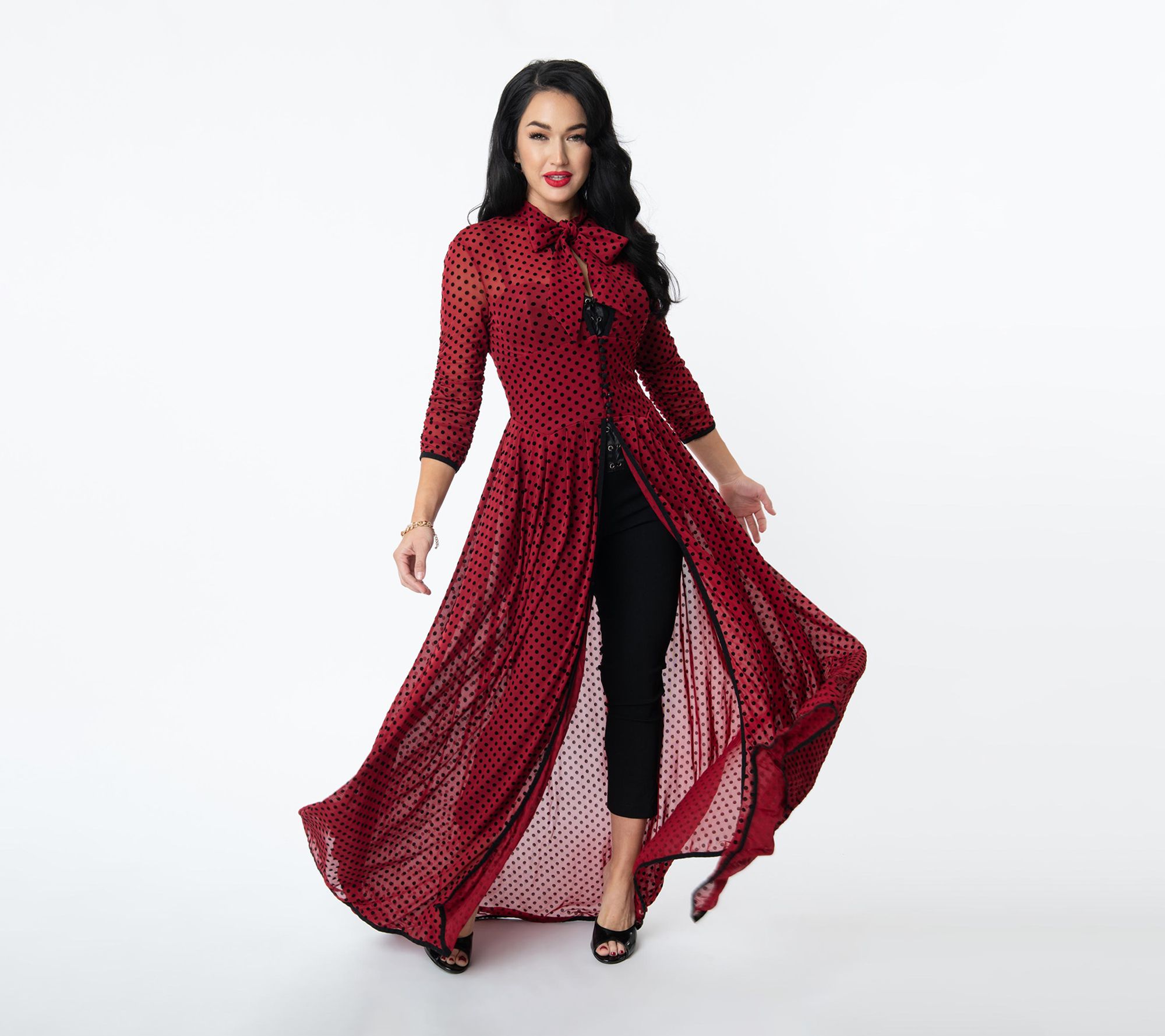  Unique Vintage Burgundy & Black Swiss Dots Tallullah Duster