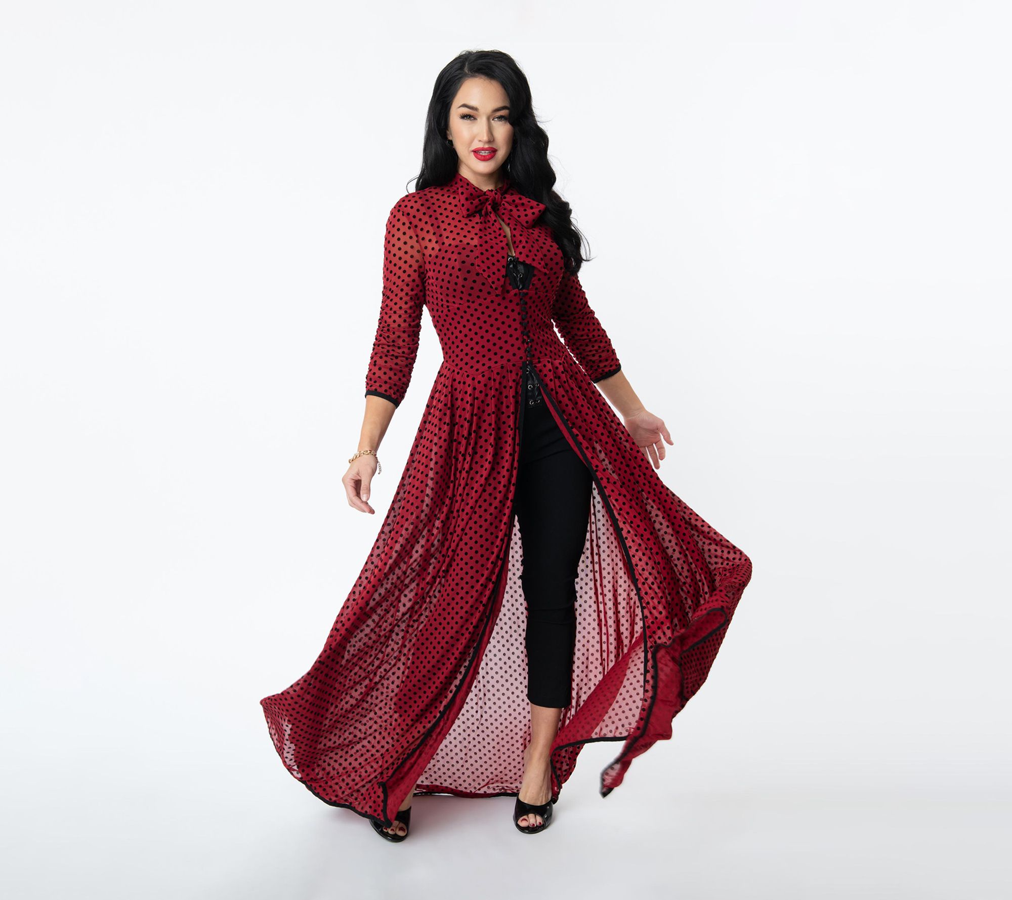 Unique Vintage Burgundy & Black Swiss Dots Tallullah Duster