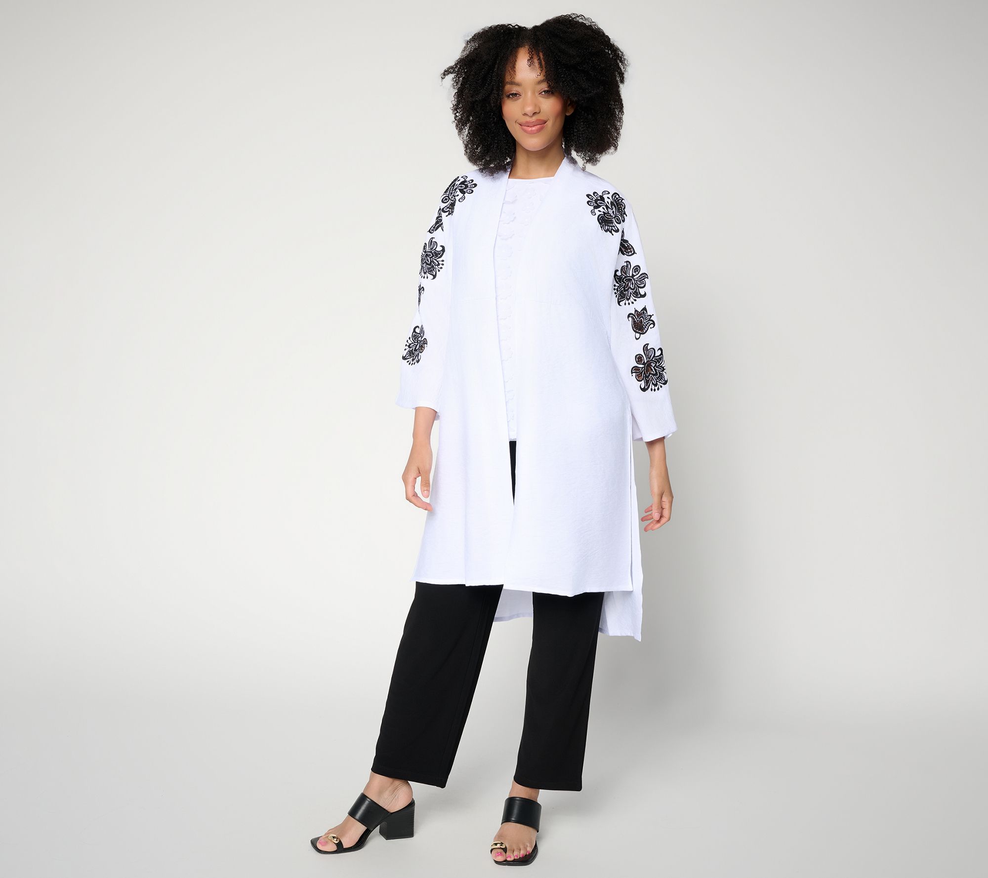 Dennis Basso Petite Rayon Woven Duster w/ Embroidery