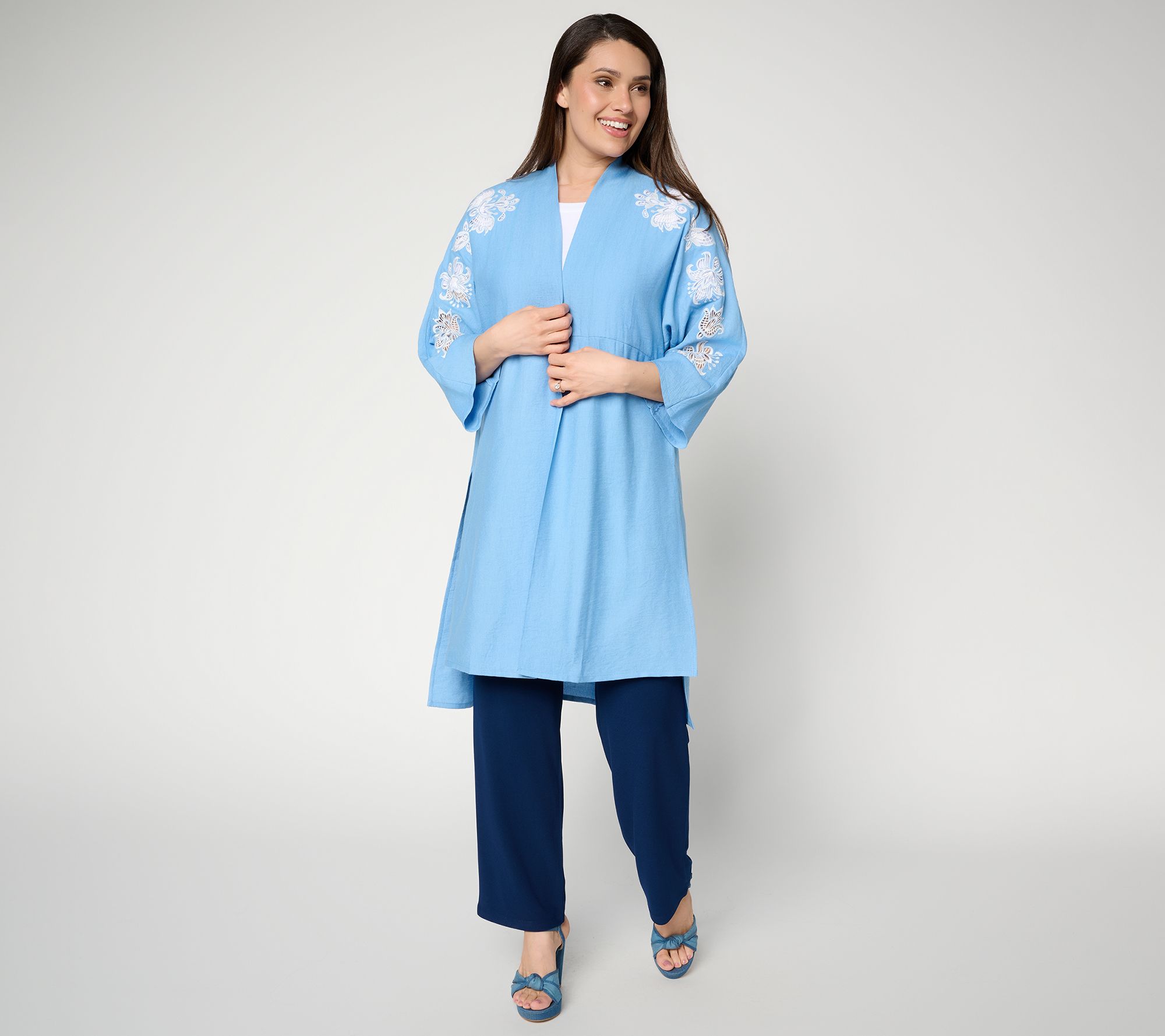 Dennis Basso Petite Rayon Woven Duster w/ Embroidery