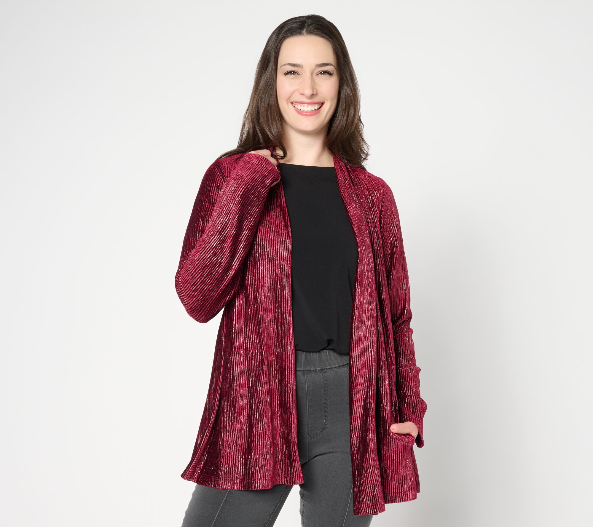 "As Is" Susan Graver Regular Foiled Textured Knit Open Front Cardigan